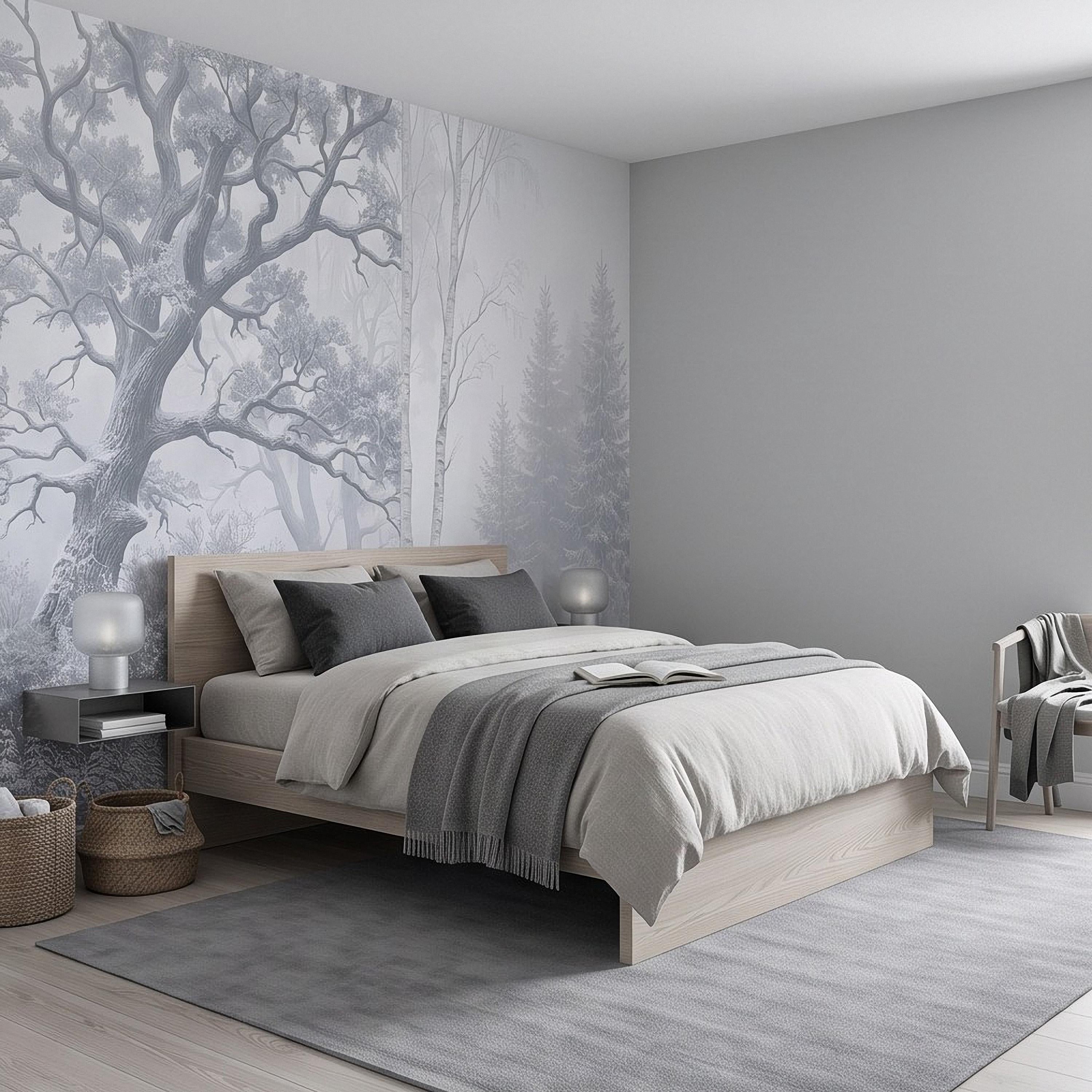 Winter Forest Peel and Stick Wall Mural, Snow Covered Birch Trees Misty Woodland Frosted Landscape Wallpaper