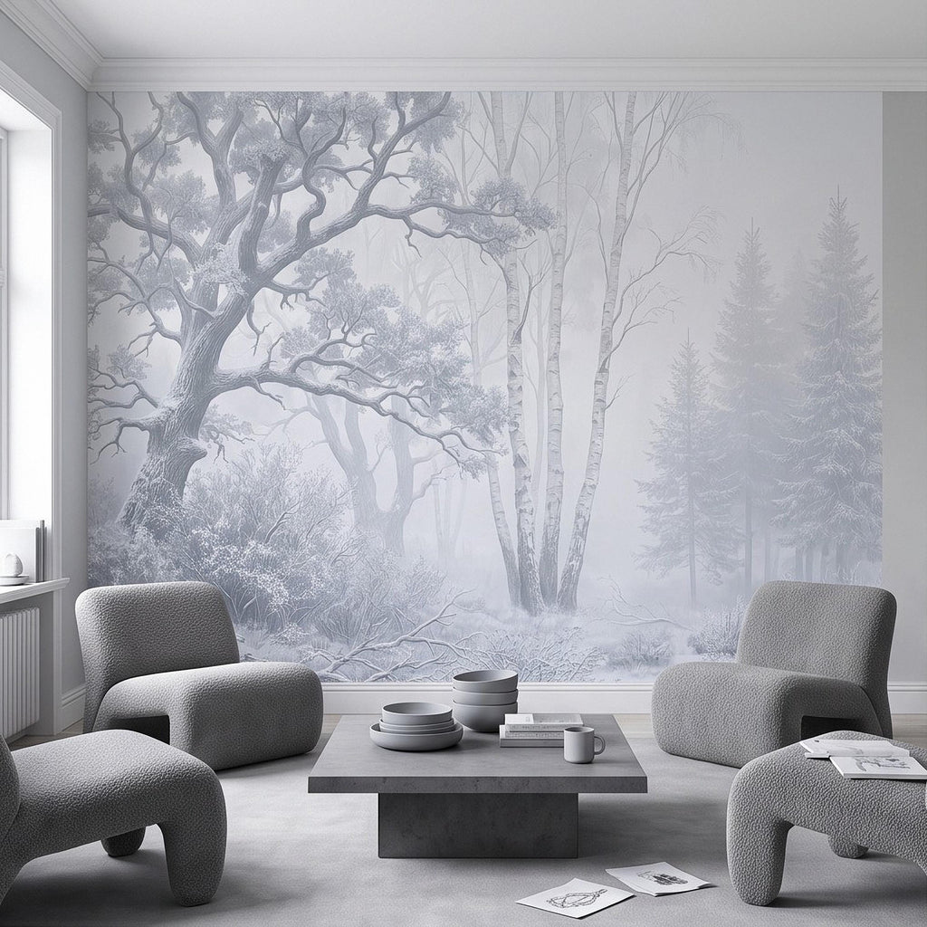 Winter Forest Peel and Stick Wall Mural, Snow Covered Birch Trees Misty Woodland Frosted Landscape Wallpaper
