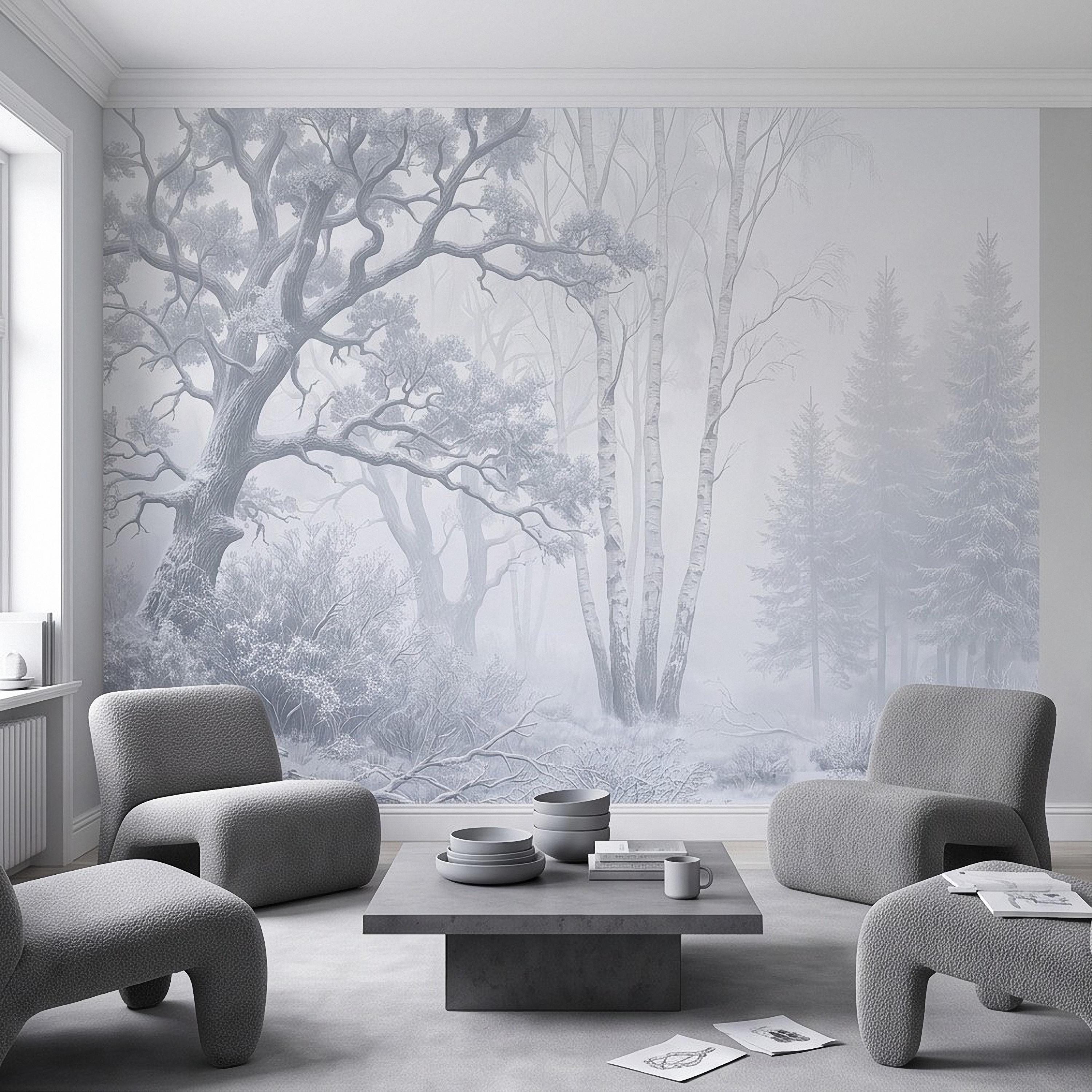 Winter Forest Peel and Stick Wall Mural, Snow Covered Birch Trees Misty Woodland Frosted Landscape Wallpaper