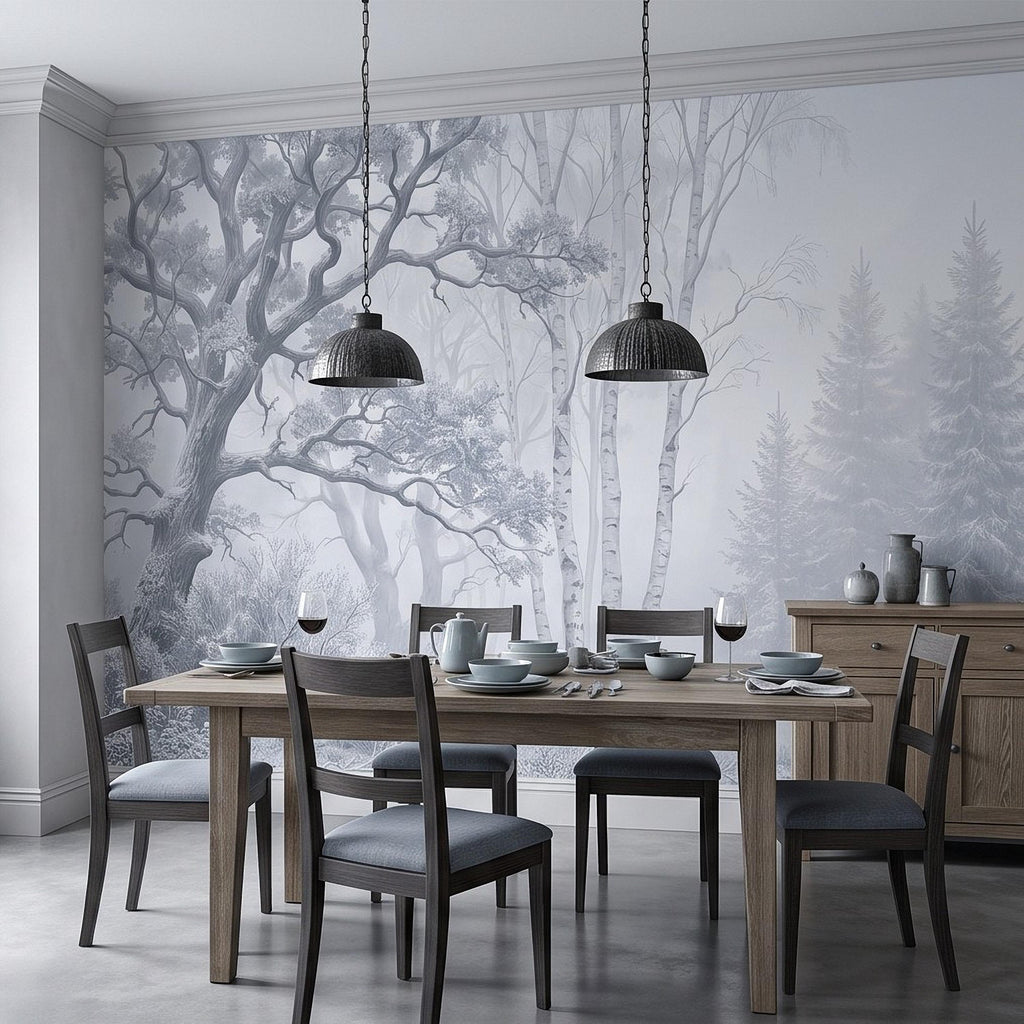 Winter Forest Peel and Stick Wall Mural, Snow Covered Birch Trees Misty Woodland Frosted Landscape Wallpaper