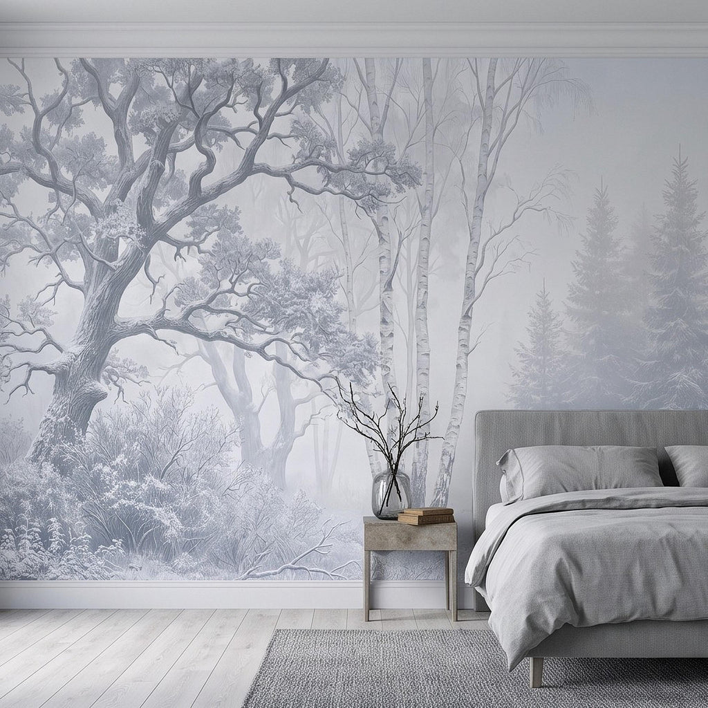 Winter Forest Peel and Stick Wall Mural, Snow Covered Birch Trees Misty Woodland Frosted Landscape Wallpaper
