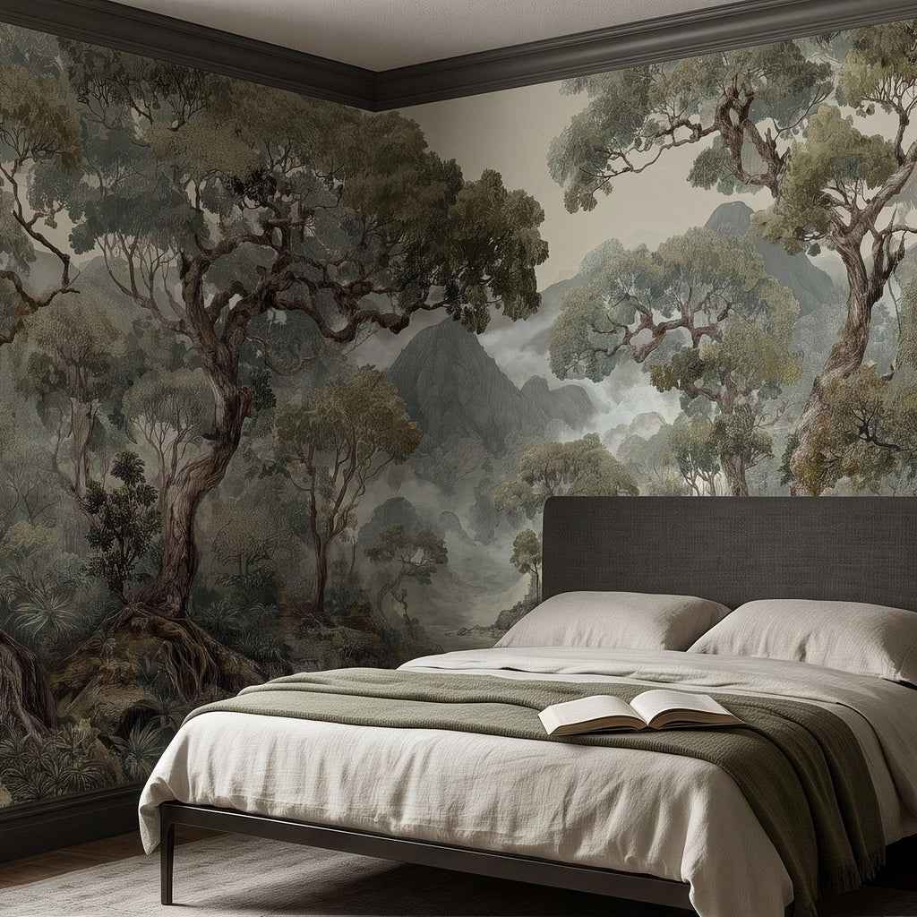 Misty Mountain Forest Peel and Stick Wall Mural, Sage Green Woodland River Landscape Vintage Scenic Botanical Nature Painting Wallpaper