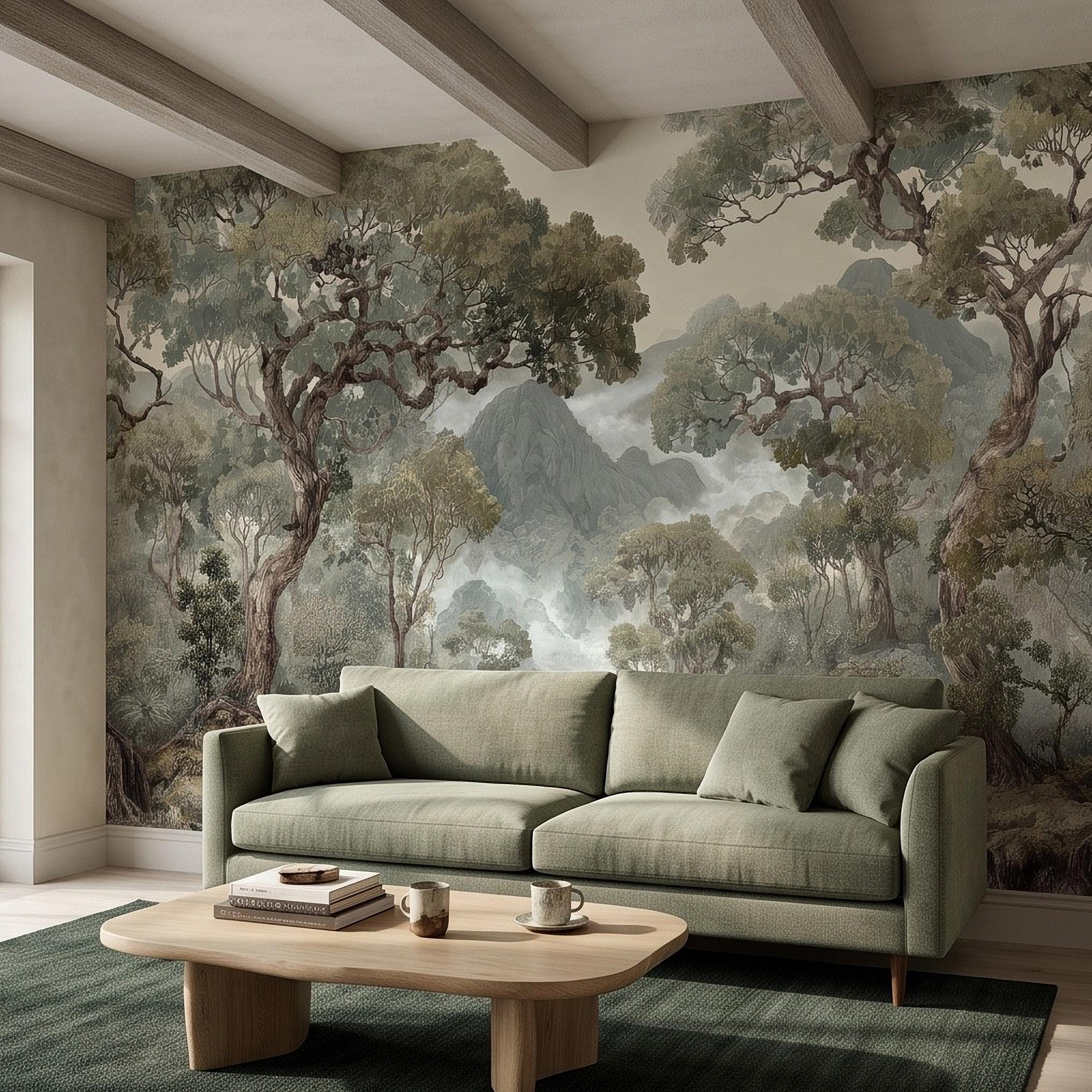 Misty Mountain Forest Peel and Stick Wall Mural, Sage Green Woodland River Landscape Vintage Scenic Botanical Nature Painting Wallpaper