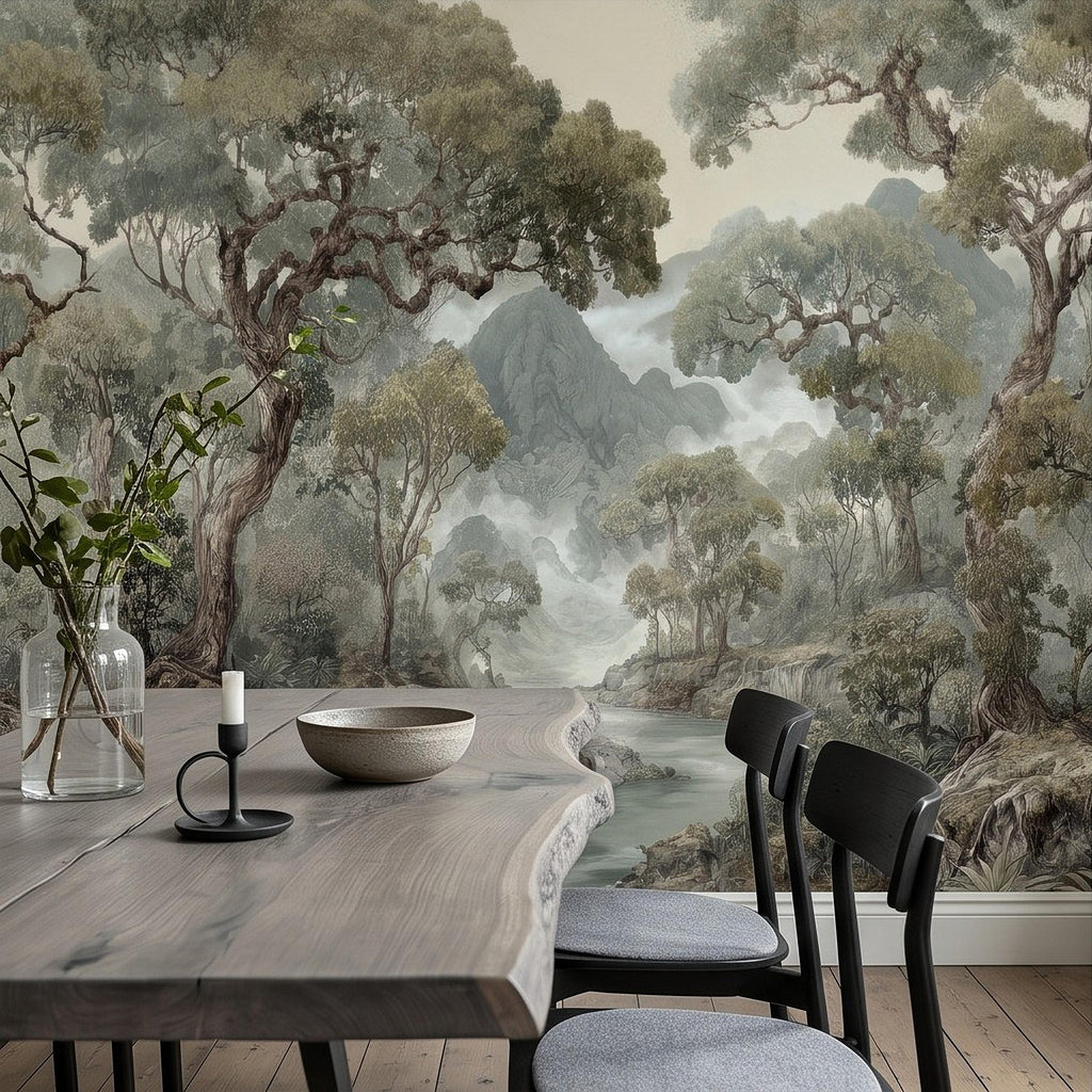 Misty Mountain Forest Peel and Stick Wall Mural, Sage Green Woodland River Landscape Vintage Scenic Botanical Nature Painting Wallpaper