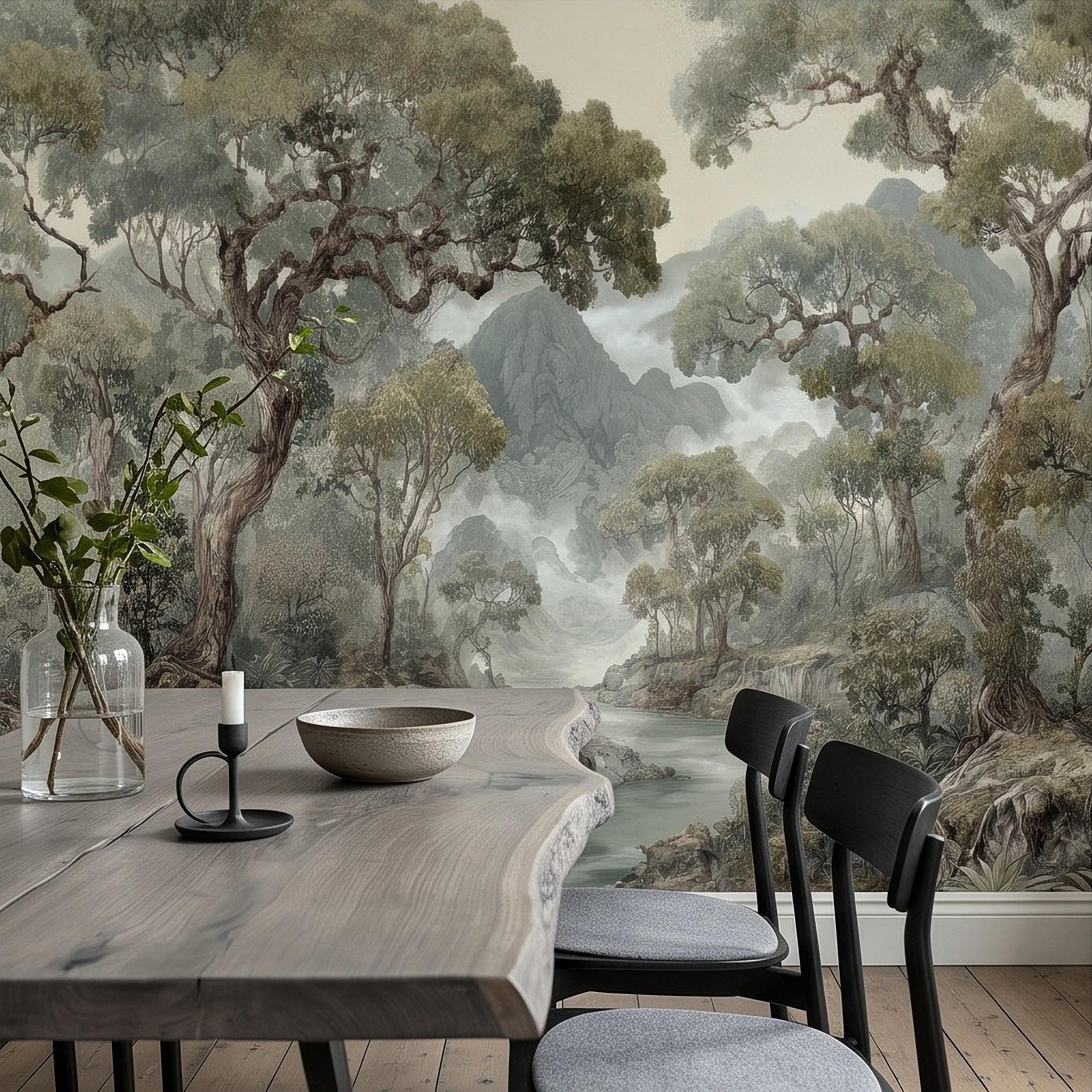 Misty Mountain Forest Peel and Stick Wall Mural, Sage Green Woodland River Landscape Vintage Scenic Botanical Nature Painting Wallpaper
