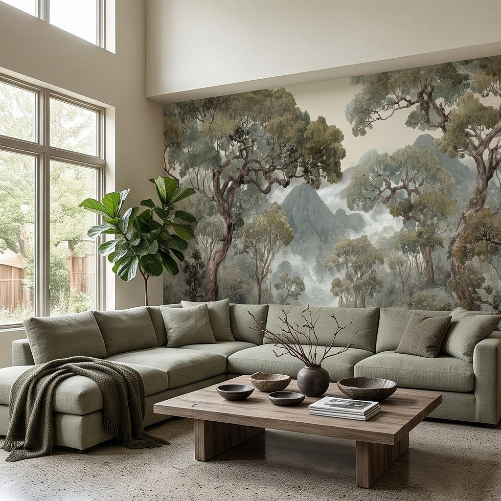 Misty Mountain Forest Peel and Stick Wall Mural, Sage Green Woodland River Landscape Vintage Scenic Botanical Nature Painting Wallpaper