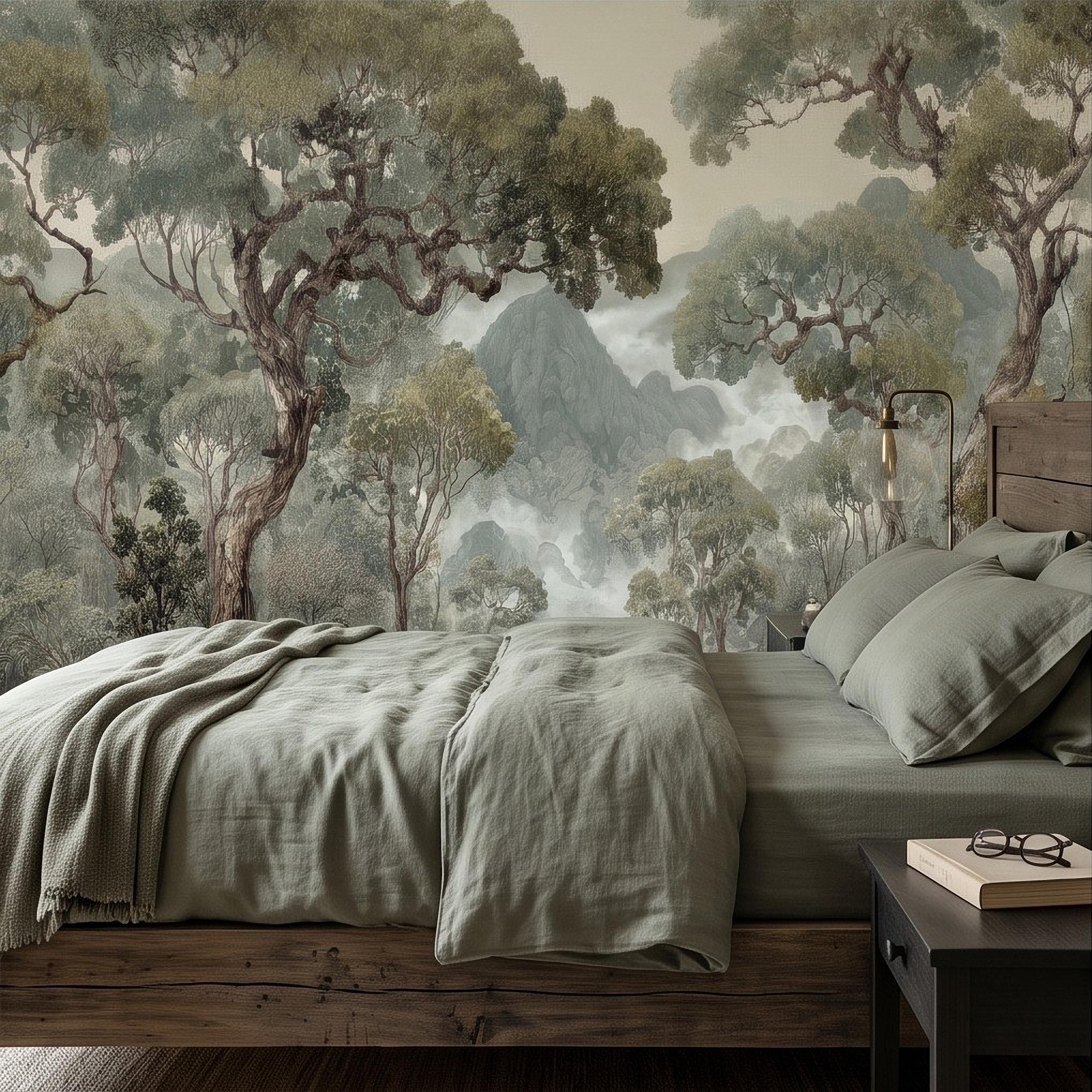 Misty Mountain Forest Peel and Stick Wall Mural, Sage Green Woodland River Landscape Vintage Scenic Botanical Nature Painting Wallpaper