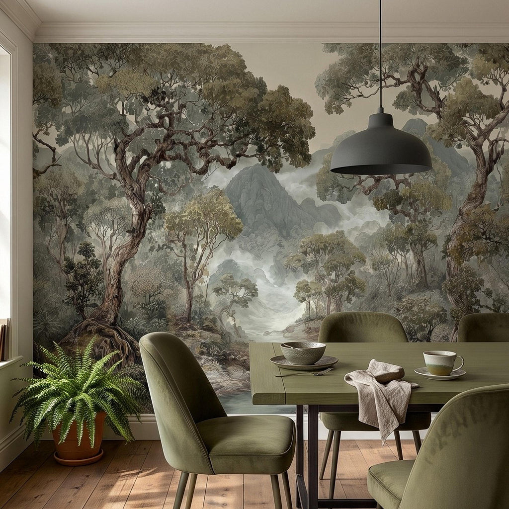 Misty Mountain Forest Peel and Stick Wall Mural, Sage Green Woodland River Landscape Vintage Scenic Botanical Nature Painting Wallpaper