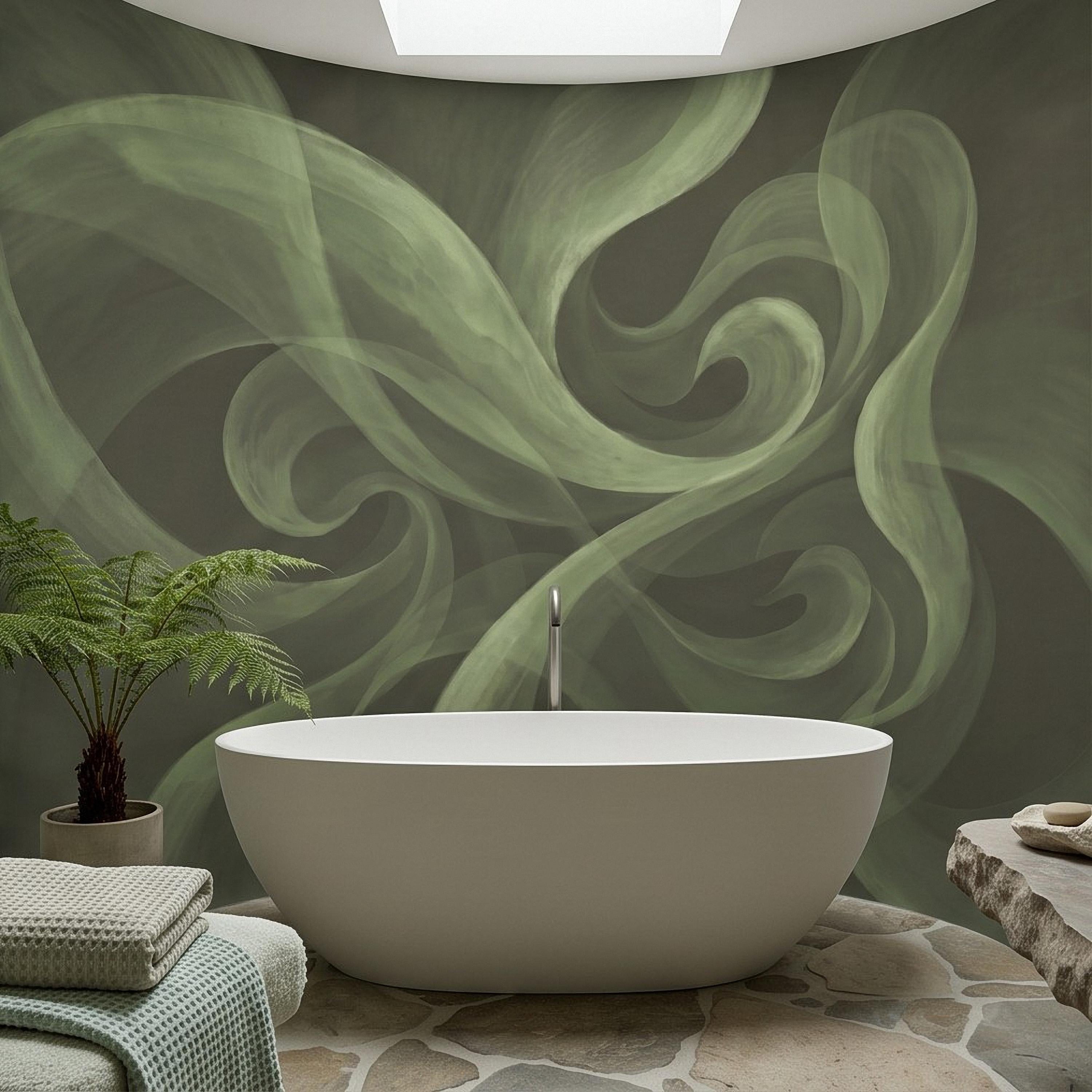 Abstract Sage Green Peel and Stick Wall Mural, Organic Brushstroke Flow Modern Minimalist Swirl Wallpaper
