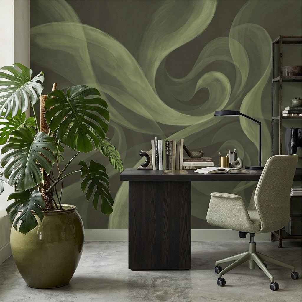 Abstract Sage Green Peel and Stick Wall Mural, Organic Brushstroke Flow Modern Minimalist Swirl Wallpaper