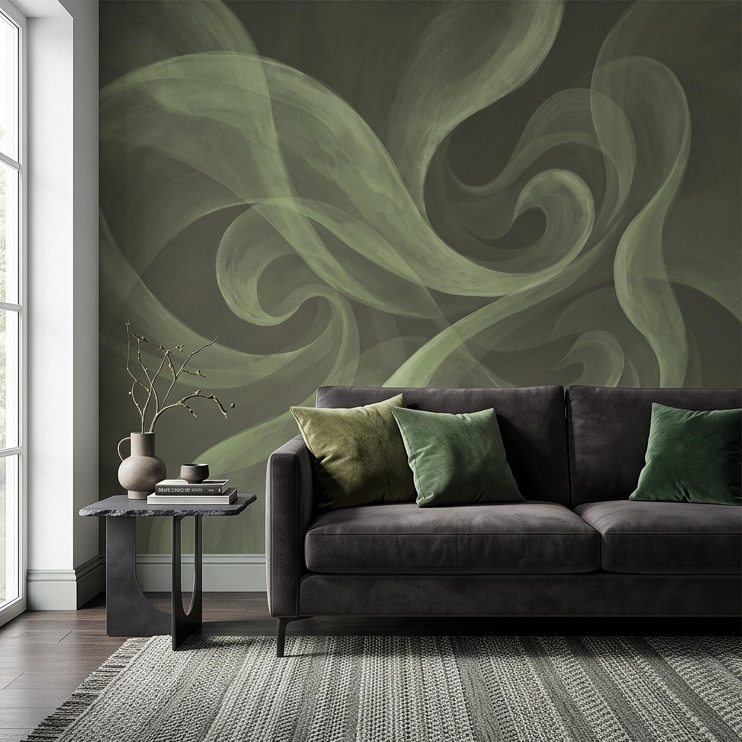 Abstract Sage Green Peel and Stick Wall Mural, Organic Brushstroke Flow Modern Minimalist Swirl Wallpaper