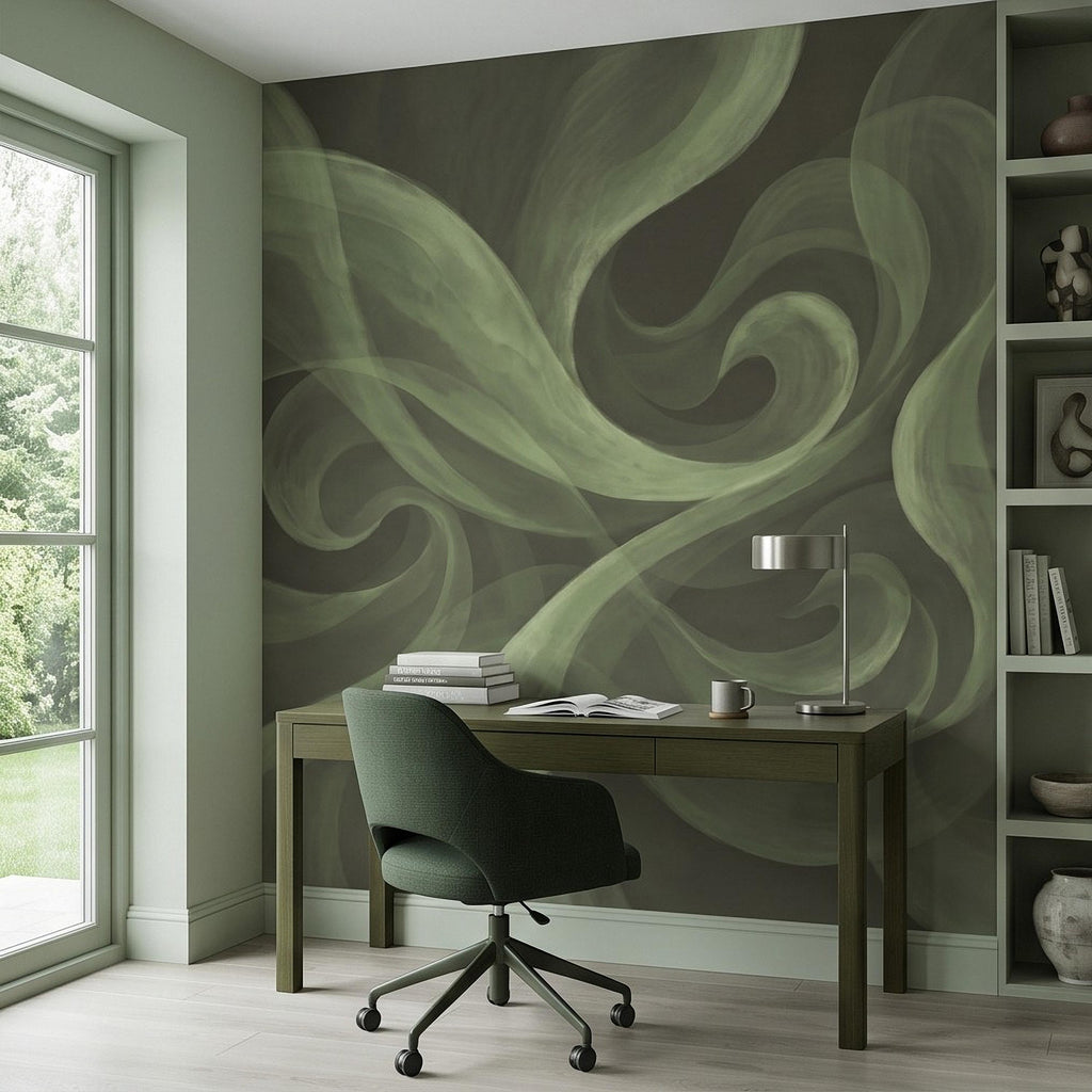 Abstract Sage Green Peel and Stick Wall Mural, Organic Brushstroke Flow Modern Minimalist Swirl Wallpaper