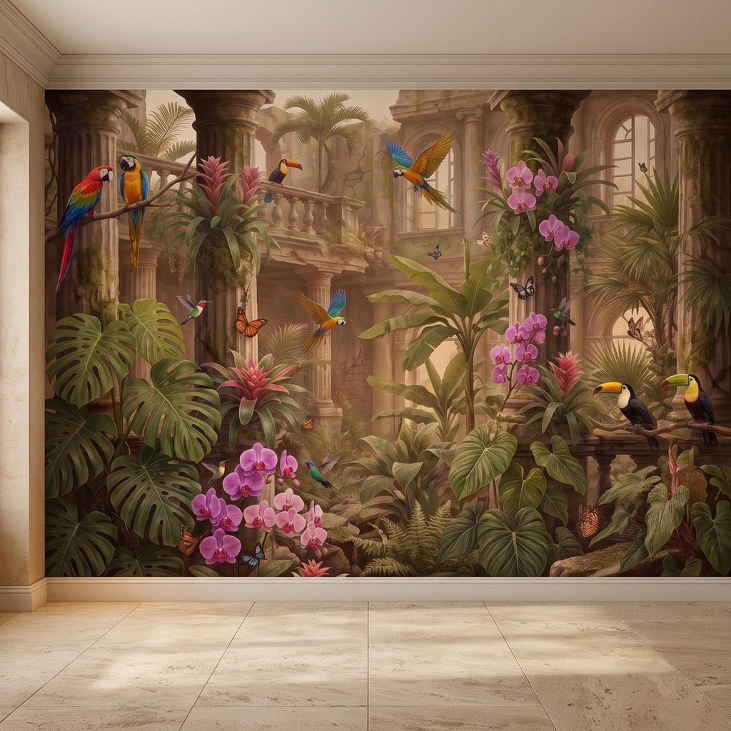 Tropical Ruins Peel and Stick Wall Mural, Classical Architecture Exotic Parrots Toucans Orchids Wallpaper