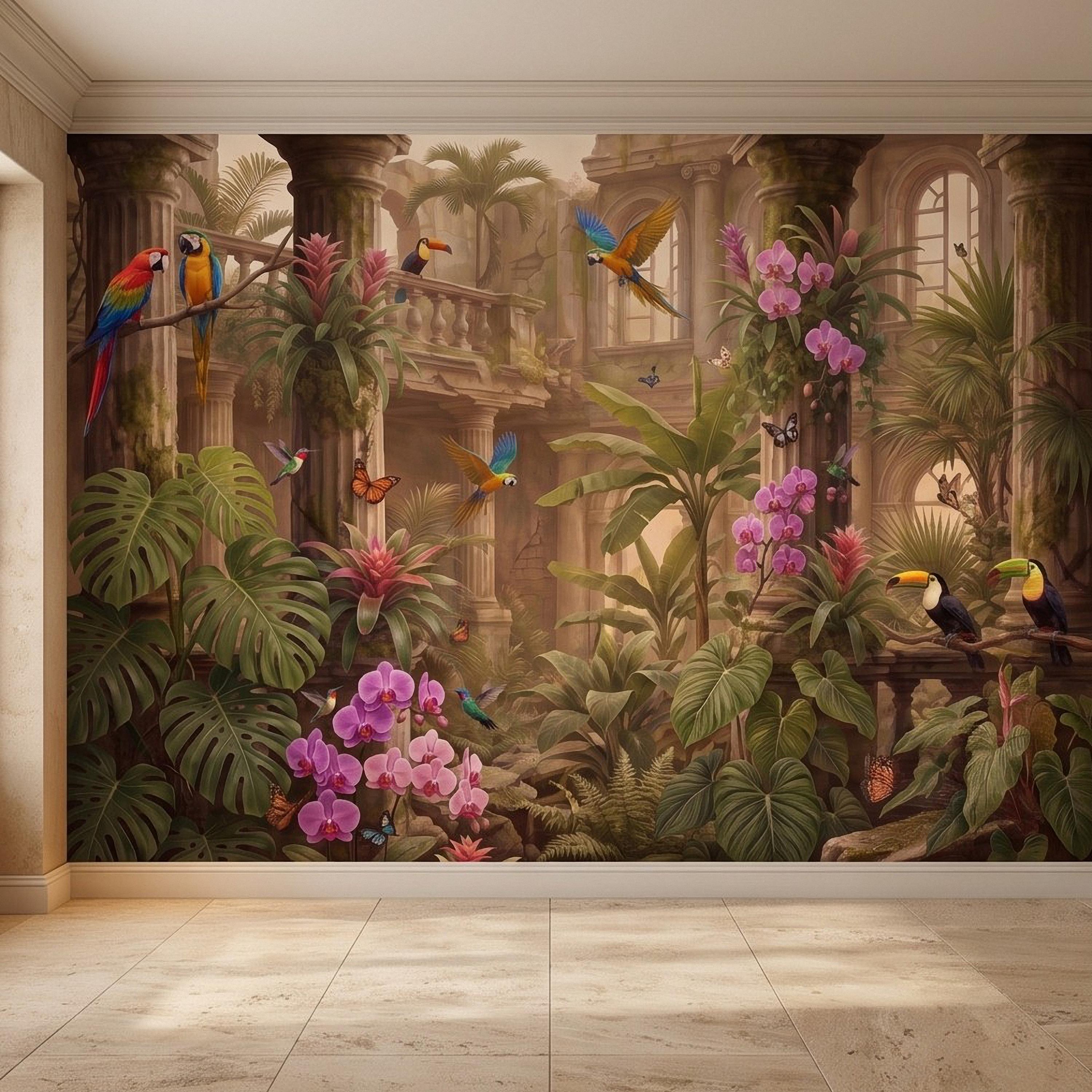 Tropical Ruins Peel and Stick Wall Mural, Classical Architecture Exotic Parrots Toucans Orchids Wallpaper
