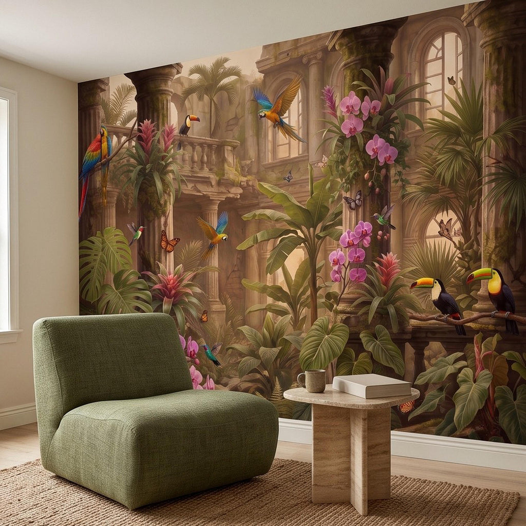 Tropical Ruins Peel and Stick Wall Mural, Classical Architecture Exotic Parrots Toucans Orchids Wallpaper