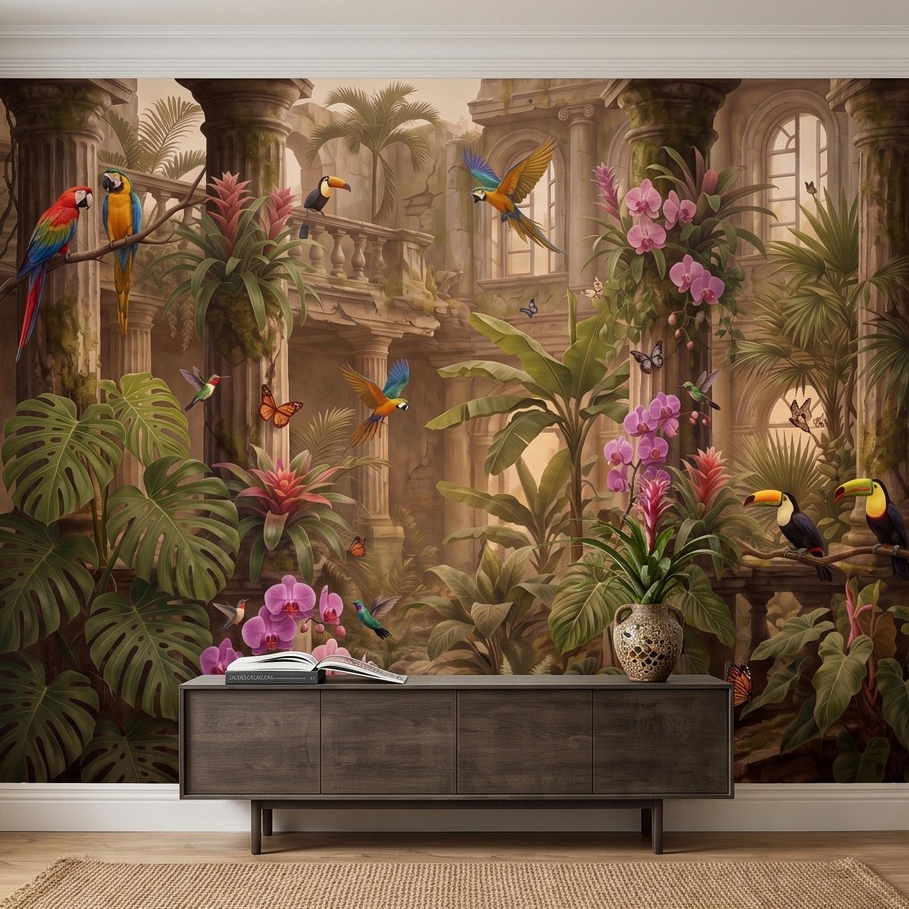 Tropical Ruins Peel and Stick Wall Mural, Classical Architecture Exotic Parrots Toucans Orchids Wallpaper