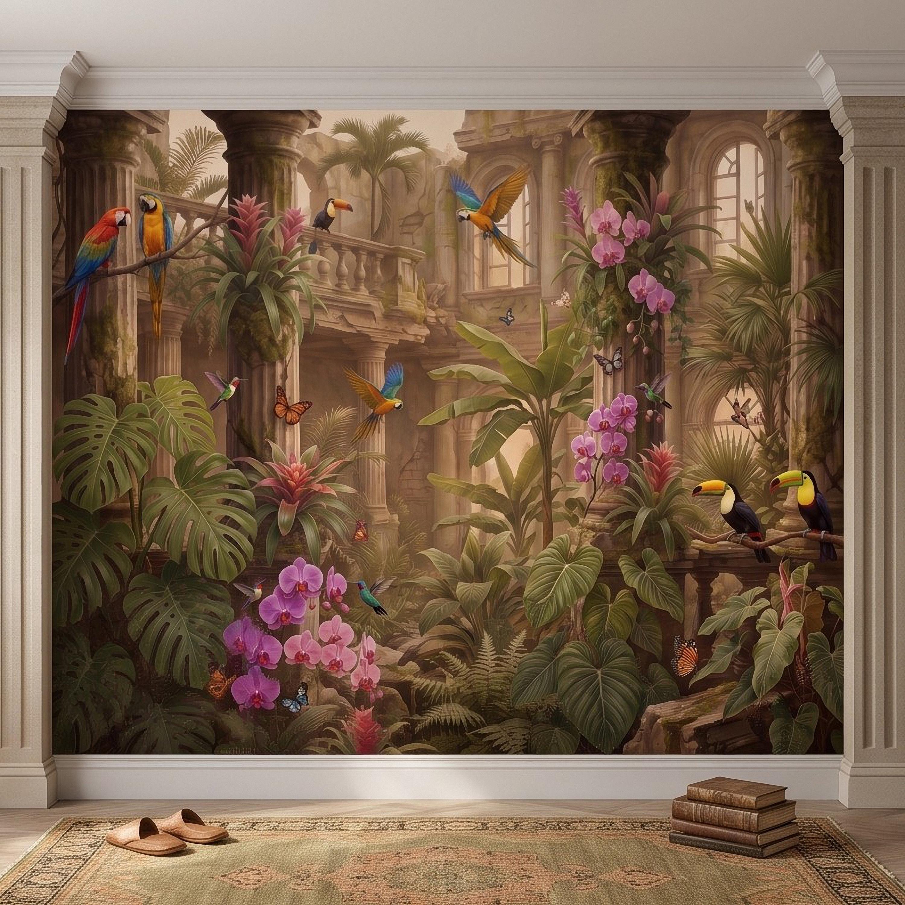 Tropical Ruins Peel and Stick Wall Mural, Classical Architecture Exotic Parrots Toucans Orchids Wallpaper