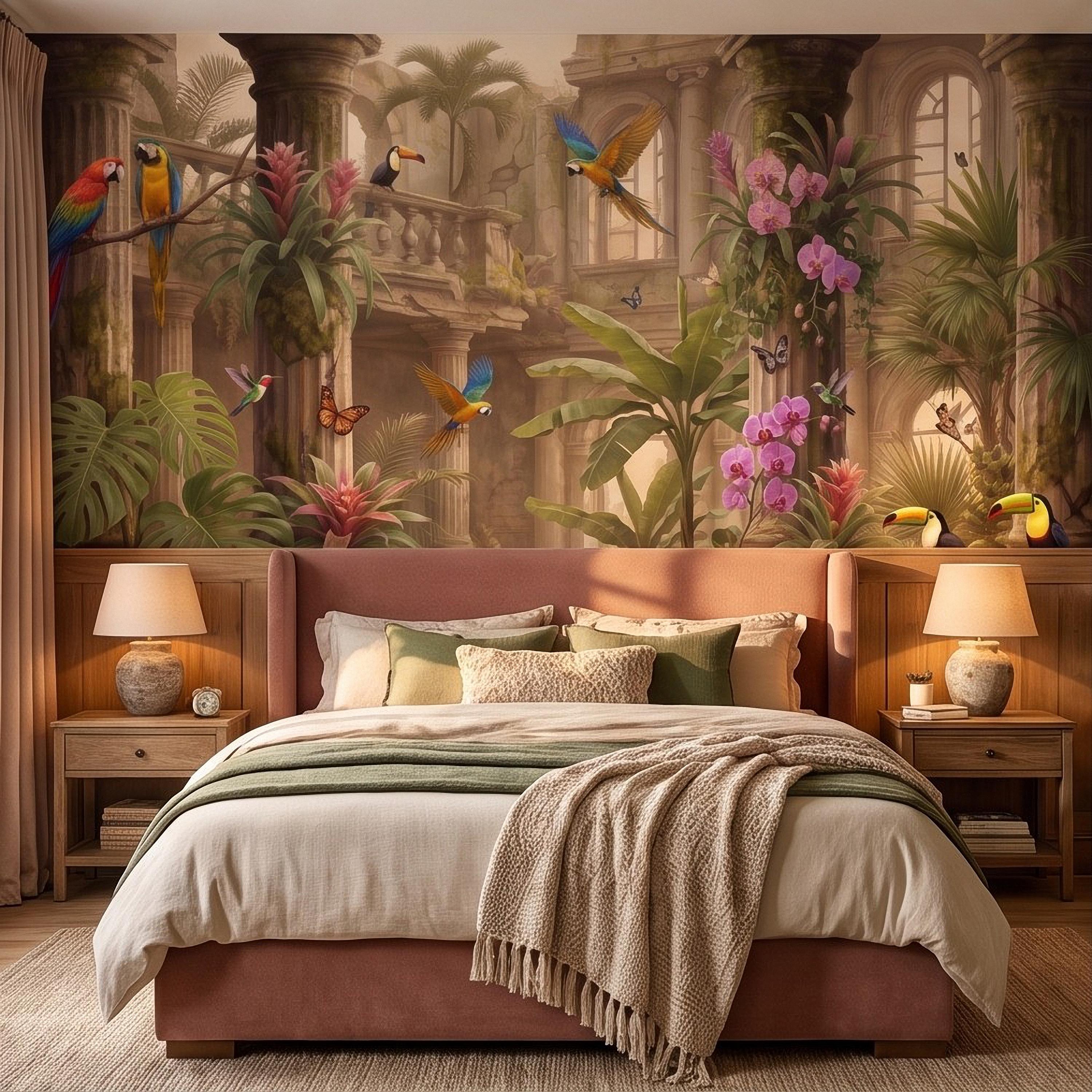 Tropical Ruins Peel and Stick Wall Mural, Classical Architecture Exotic Parrots Toucans Orchids Wallpaper