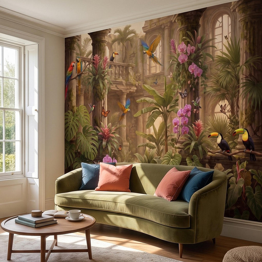 Tropical Ruins Peel and Stick Wall Mural, Classical Architecture Exotic Parrots Toucans Orchids Wallpaper