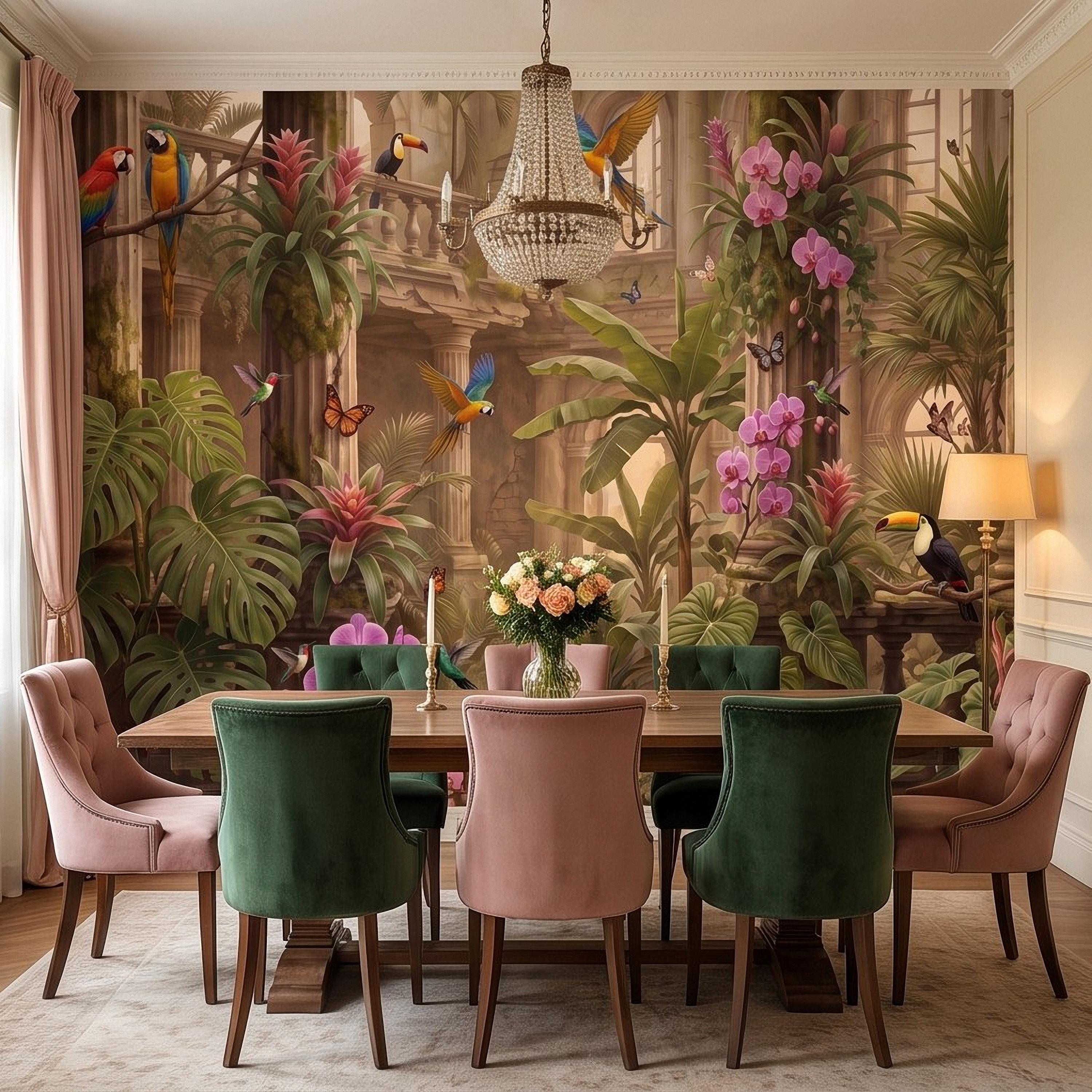 Tropical Ruins Peel and Stick Wall Mural, Classical Architecture Exotic Parrots Toucans Orchids Wallpaper