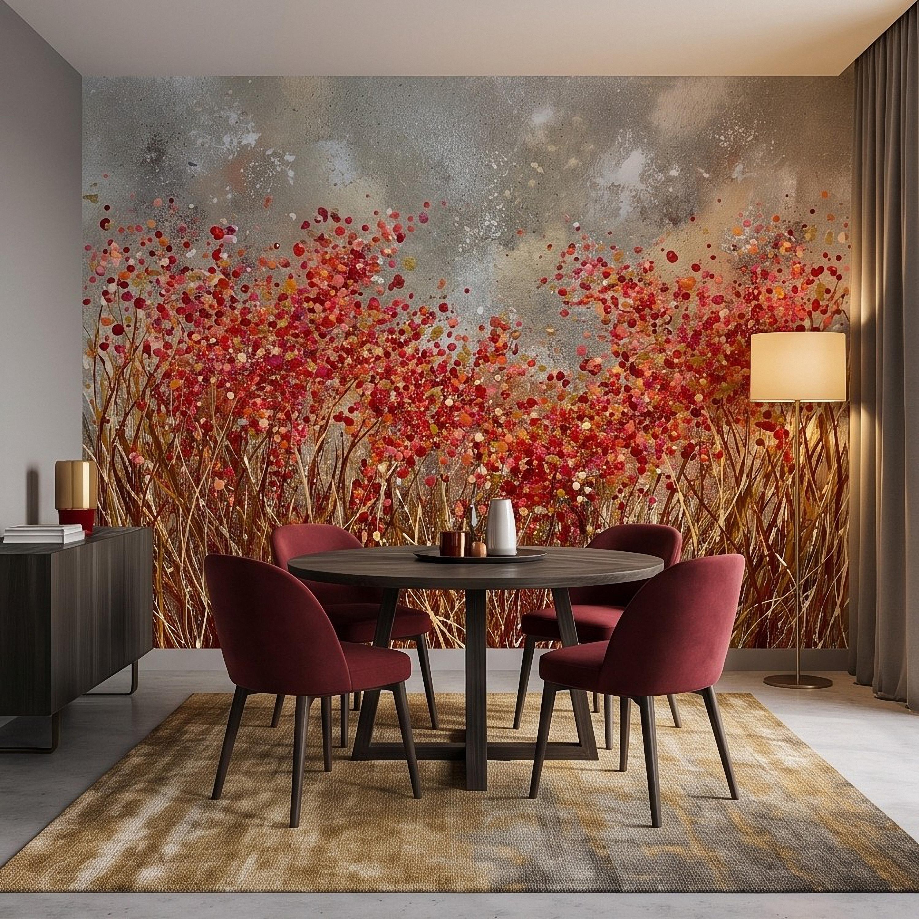 Abstract Wildflower Meadow Peel and Stick Wall Mural, Red Orange Floral Field Textured Impasto Painting Colorful Botanical Modern Wallpaper