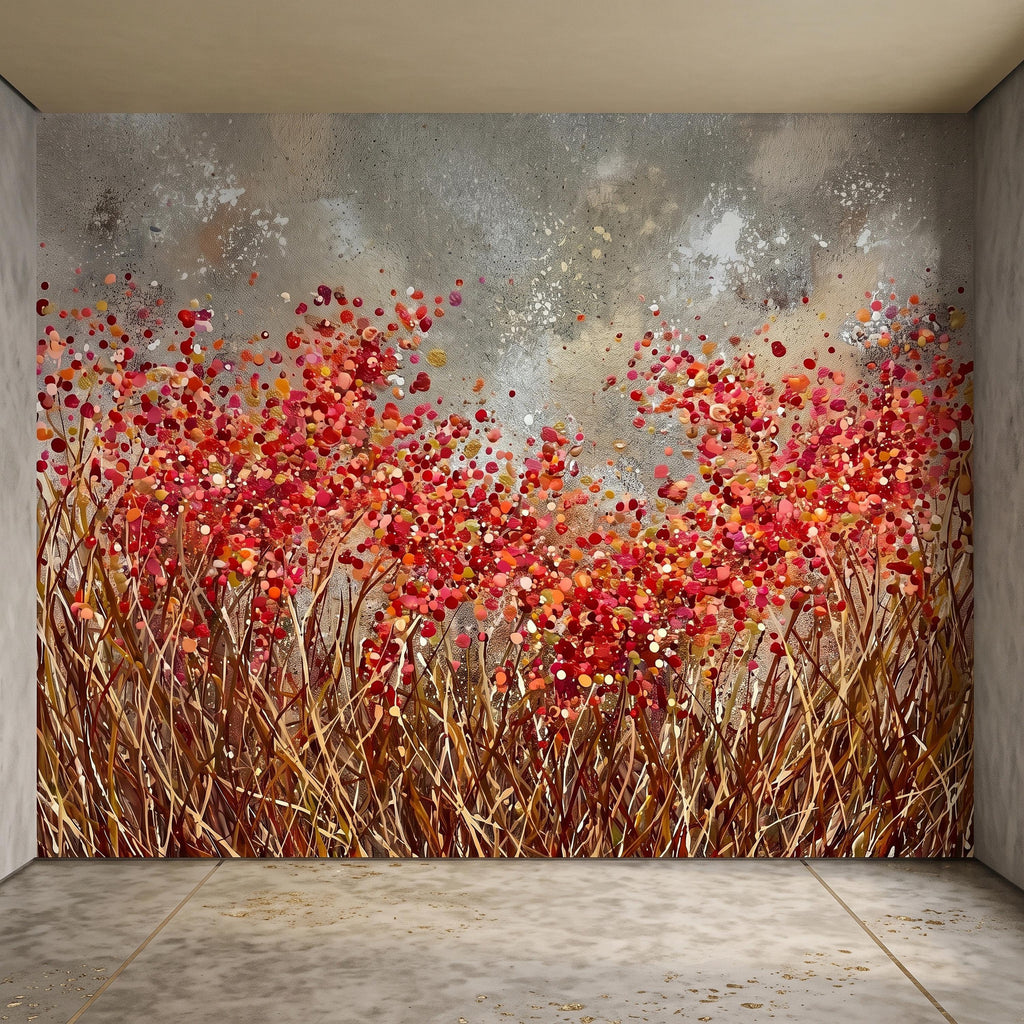 Abstract Wildflower Meadow Peel and Stick Wall Mural, Red Orange Floral Field Textured Impasto Painting Colorful Botanical Modern Wallpaper