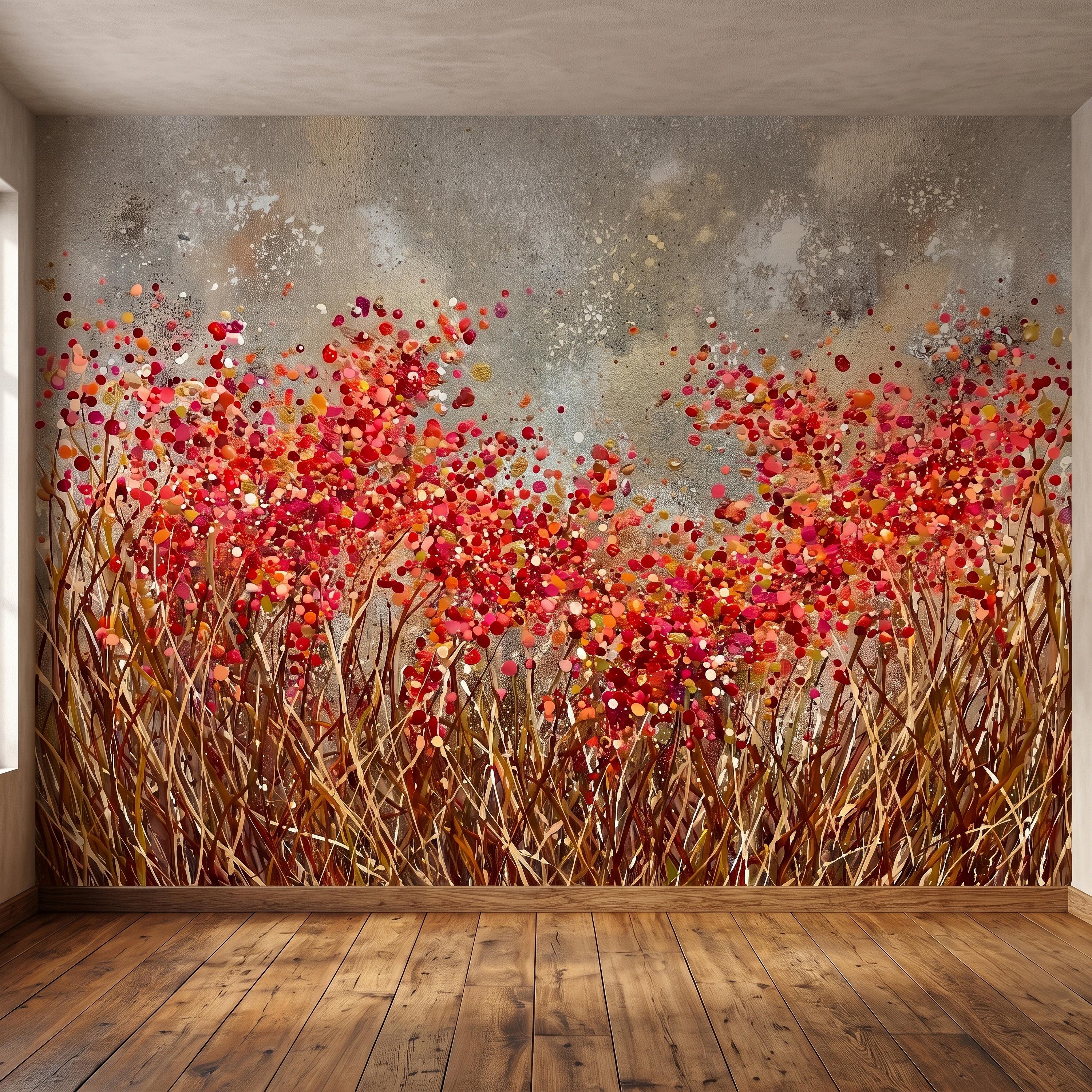 Abstract Wildflower Meadow Peel and Stick Wall Mural, Red Orange Floral Field Textured Impasto Painting Colorful Botanical Modern Wallpaper