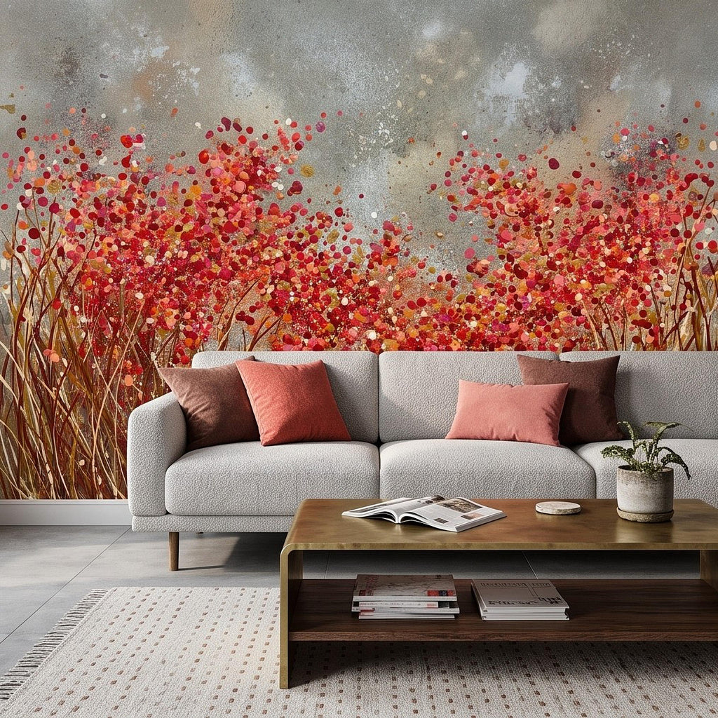 Abstract Wildflower Meadow Peel and Stick Wall Mural, Red Orange Floral Field Textured Impasto Painting Colorful Botanical Modern Wallpaper