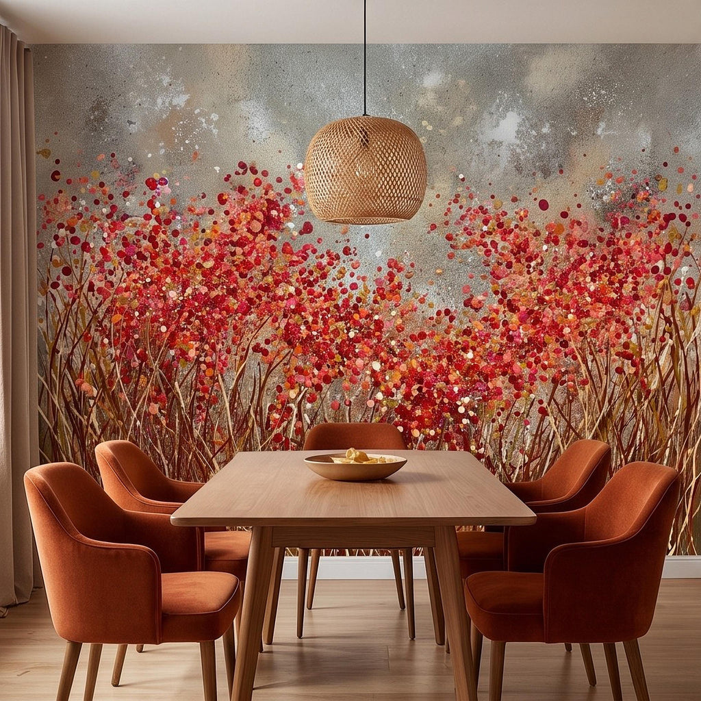 Abstract Wildflower Meadow Peel and Stick Wall Mural, Red Orange Floral Field Textured Impasto Painting Colorful Botanical Modern Wallpaper