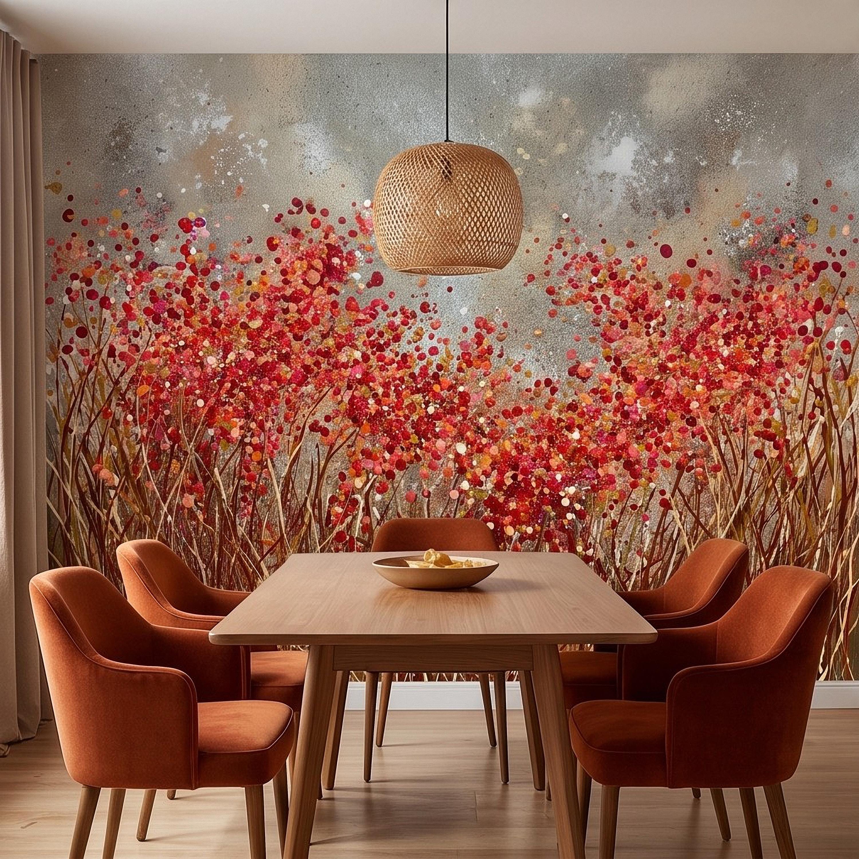 Abstract Wildflower Meadow Peel and Stick Wall Mural, Red Orange Floral Field Textured Impasto Painting Colorful Botanical Modern Wallpaper