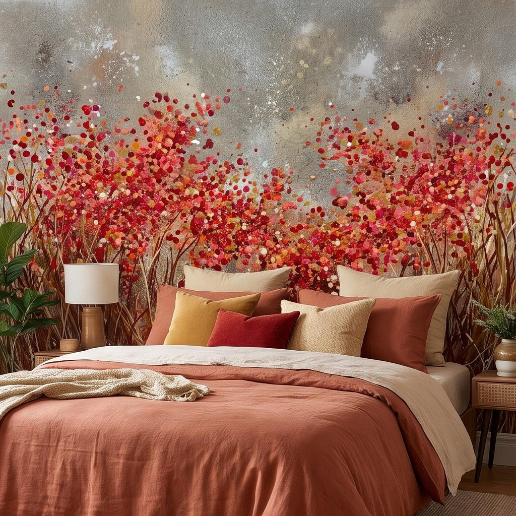Abstract Wildflower Meadow Peel and Stick Wall Mural, Red Orange Floral Field Textured Impasto Painting Colorful Botanical Modern Wallpaper