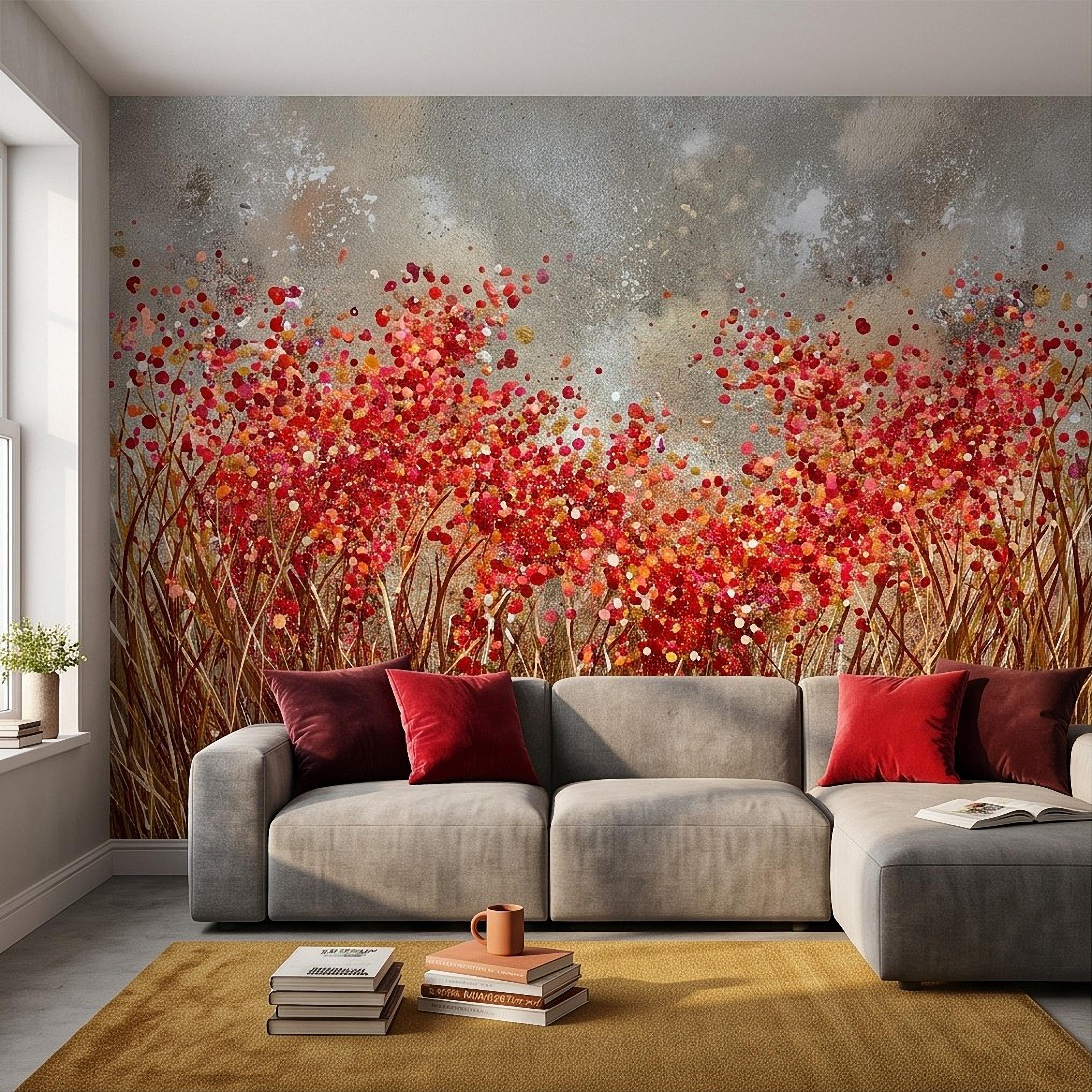 Abstract Wildflower Meadow Peel and Stick Wall Mural, Red Orange Floral Field Textured Impasto Painting Colorful Botanical Modern Wallpaper