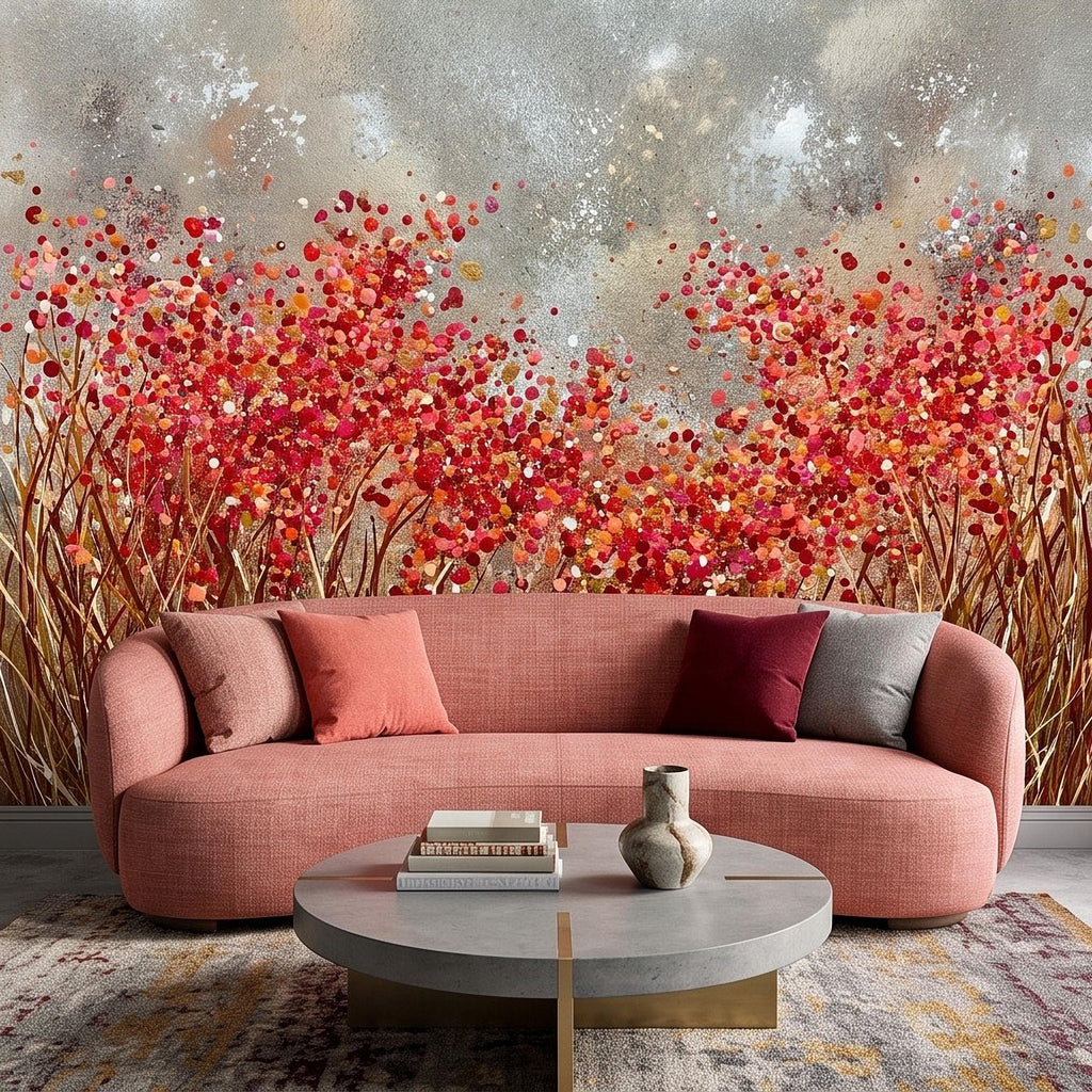 Abstract Wildflower Meadow Peel and Stick Wall Mural, Red Orange Floral Field Textured Impasto Painting Colorful Botanical Modern Wallpaper