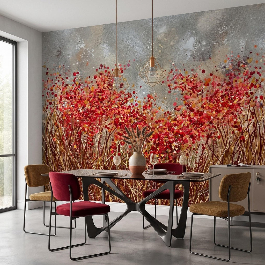 Abstract Wildflower Meadow Peel and Stick Wall Mural, Red Orange Floral Field Textured Impasto Painting Colorful Botanical Modern Wallpaper