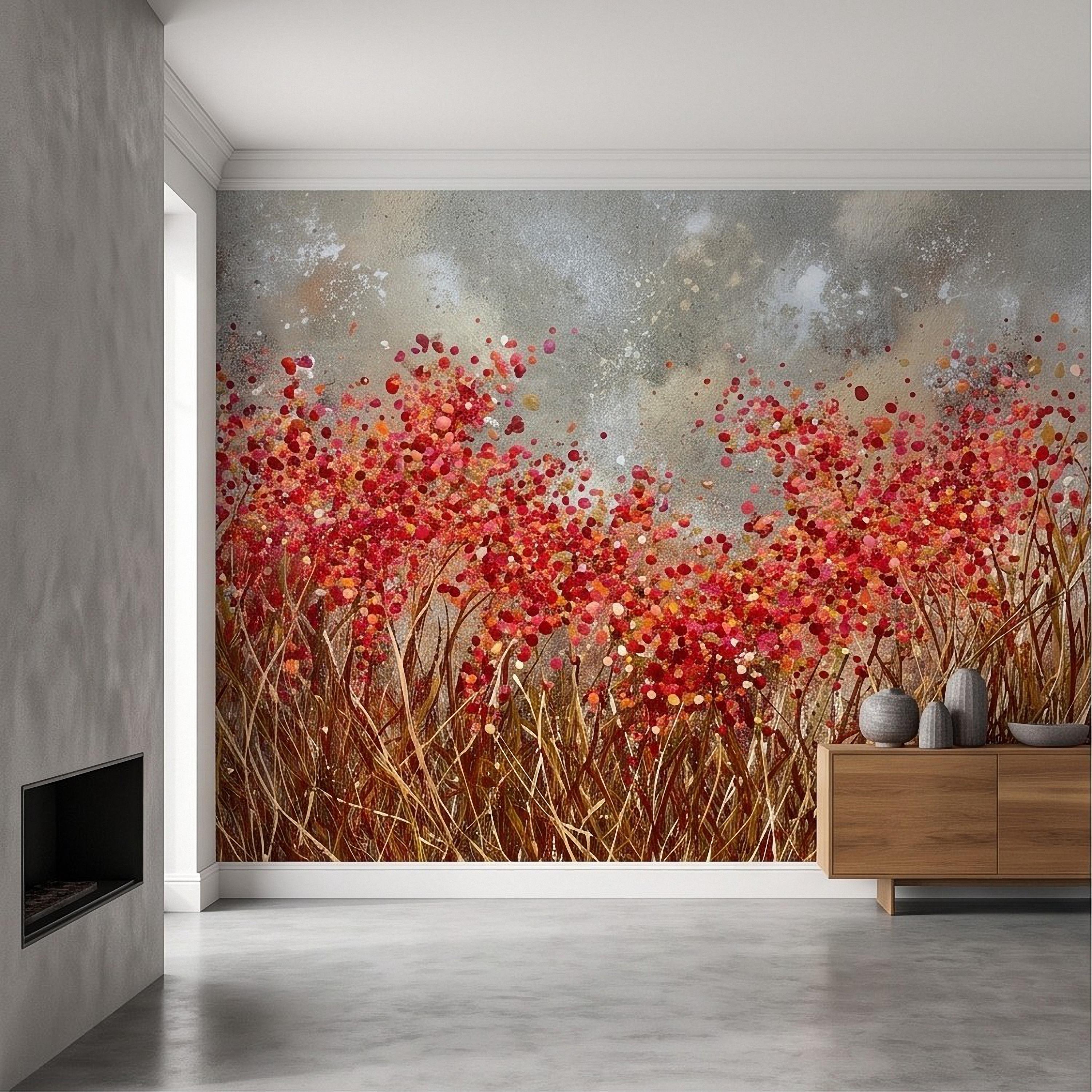 Abstract Wildflower Meadow Peel and Stick Wall Mural, Red Orange Floral Field Textured Impasto Painting Colorful Botanical Modern Wallpaper