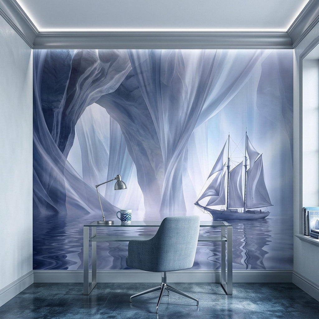 Dreamy Sailing Ship Peel and Stick Wall Mural, Ethereal Blue Sea Cave Misty Ocean Seascape Surreal Coastal Wallpaper