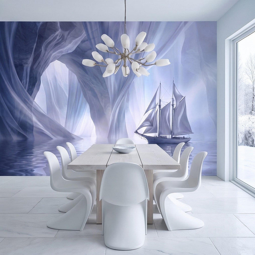 Dreamy Sailing Ship Peel and Stick Wall Mural, Ethereal Blue Sea Cave Misty Ocean Seascape Surreal Coastal Wallpaper