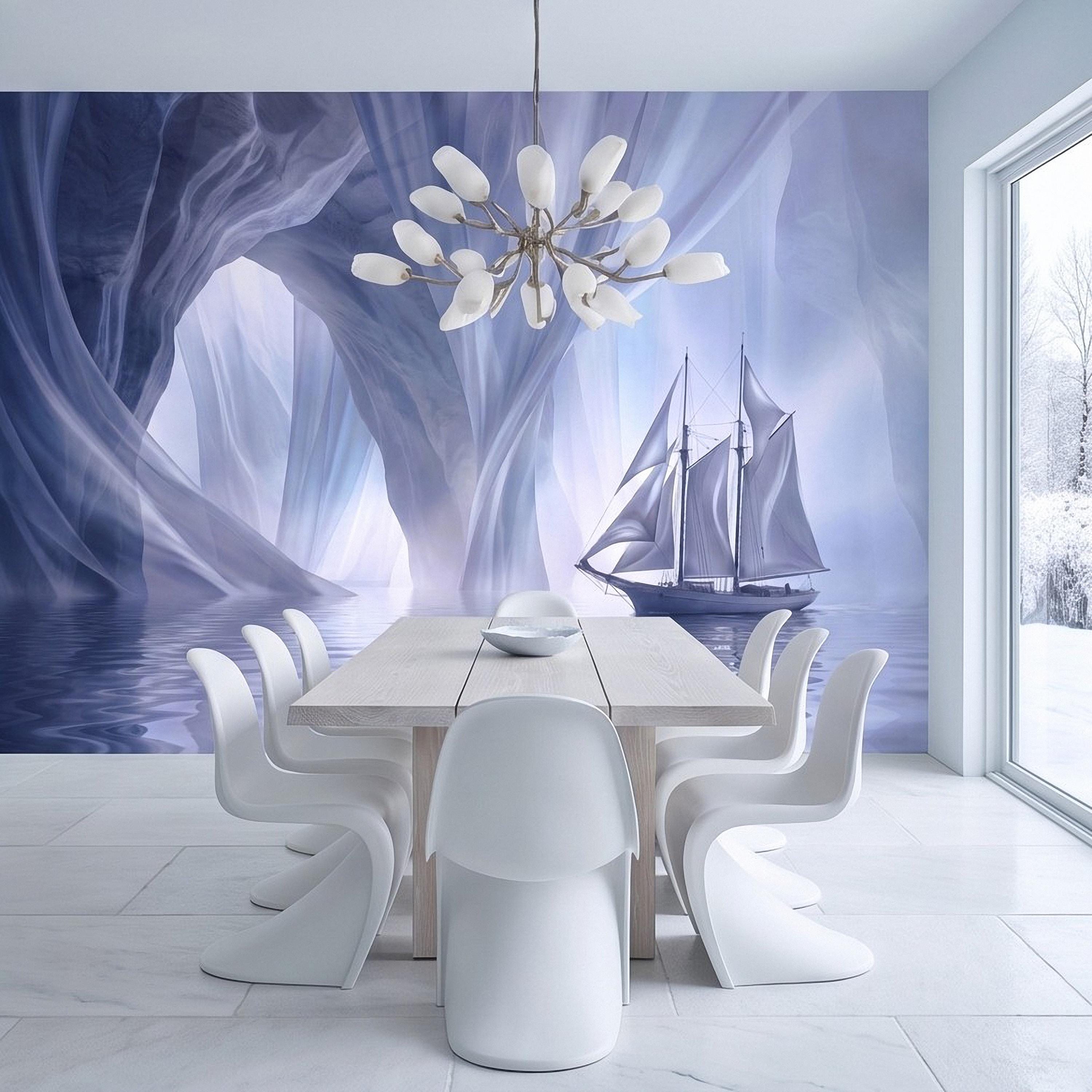 Dreamy Sailing Ship Peel and Stick Wall Mural, Ethereal Blue Sea Cave Misty Ocean Seascape Surreal Coastal Wallpaper