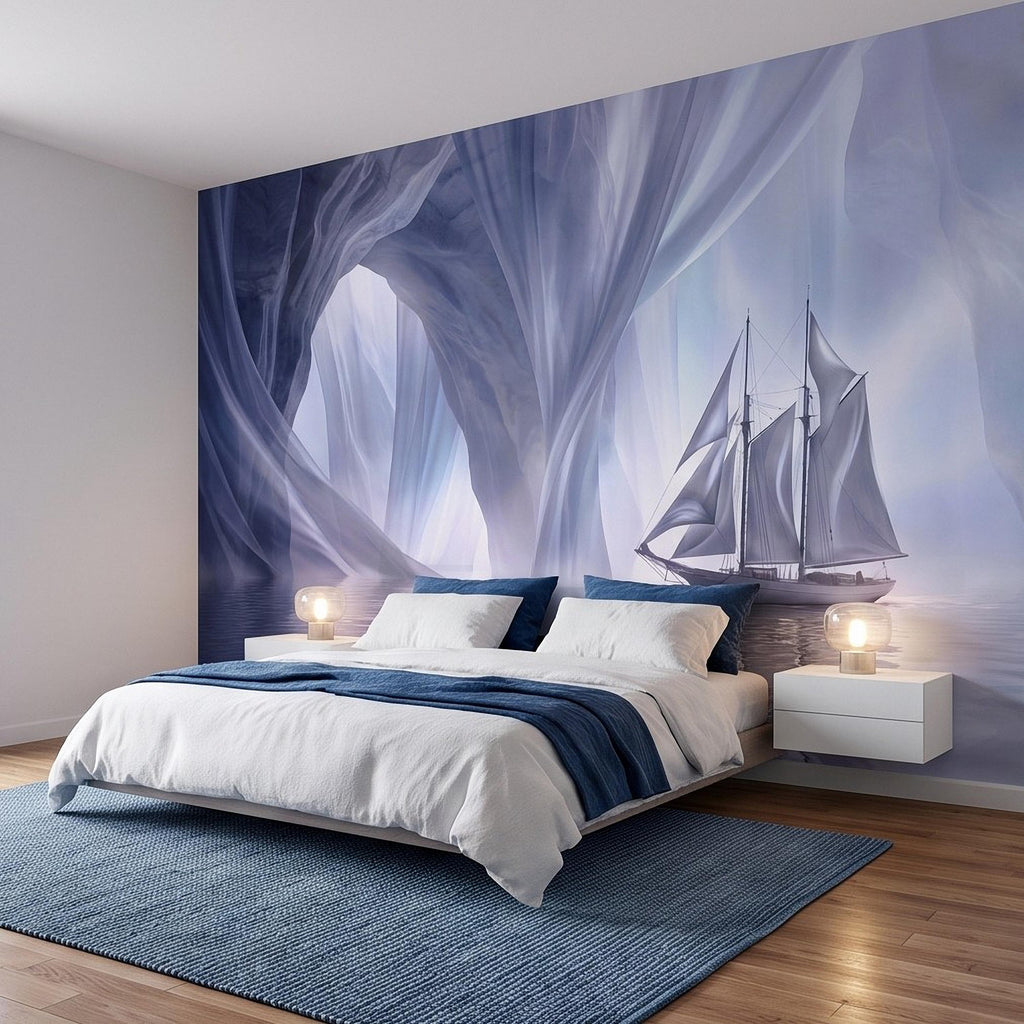 Dreamy Sailing Ship Peel and Stick Wall Mural, Ethereal Blue Sea Cave Misty Ocean Seascape Surreal Coastal Wallpaper