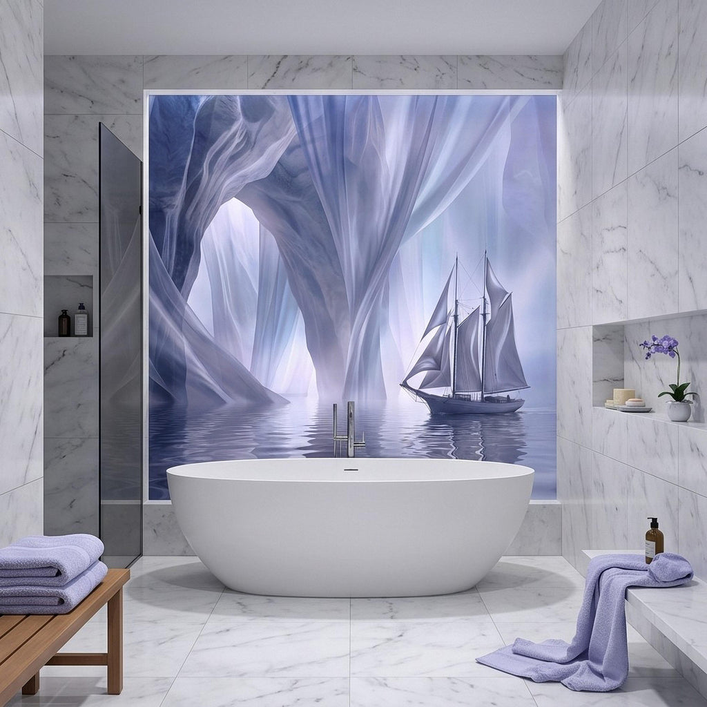 Dreamy Sailing Ship Peel and Stick Wall Mural, Ethereal Blue Sea Cave Misty Ocean Seascape Surreal Coastal Wallpaper