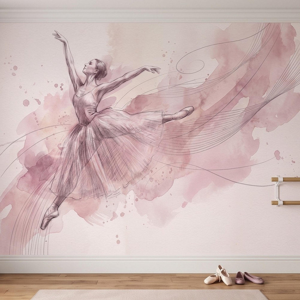Pink Ballerina Peel and Stick Wall Mural, Watercolor Ballet Dancer Sketch Blush Dance Illustration Girls Bedroom Nursery Elegant Wallpaper