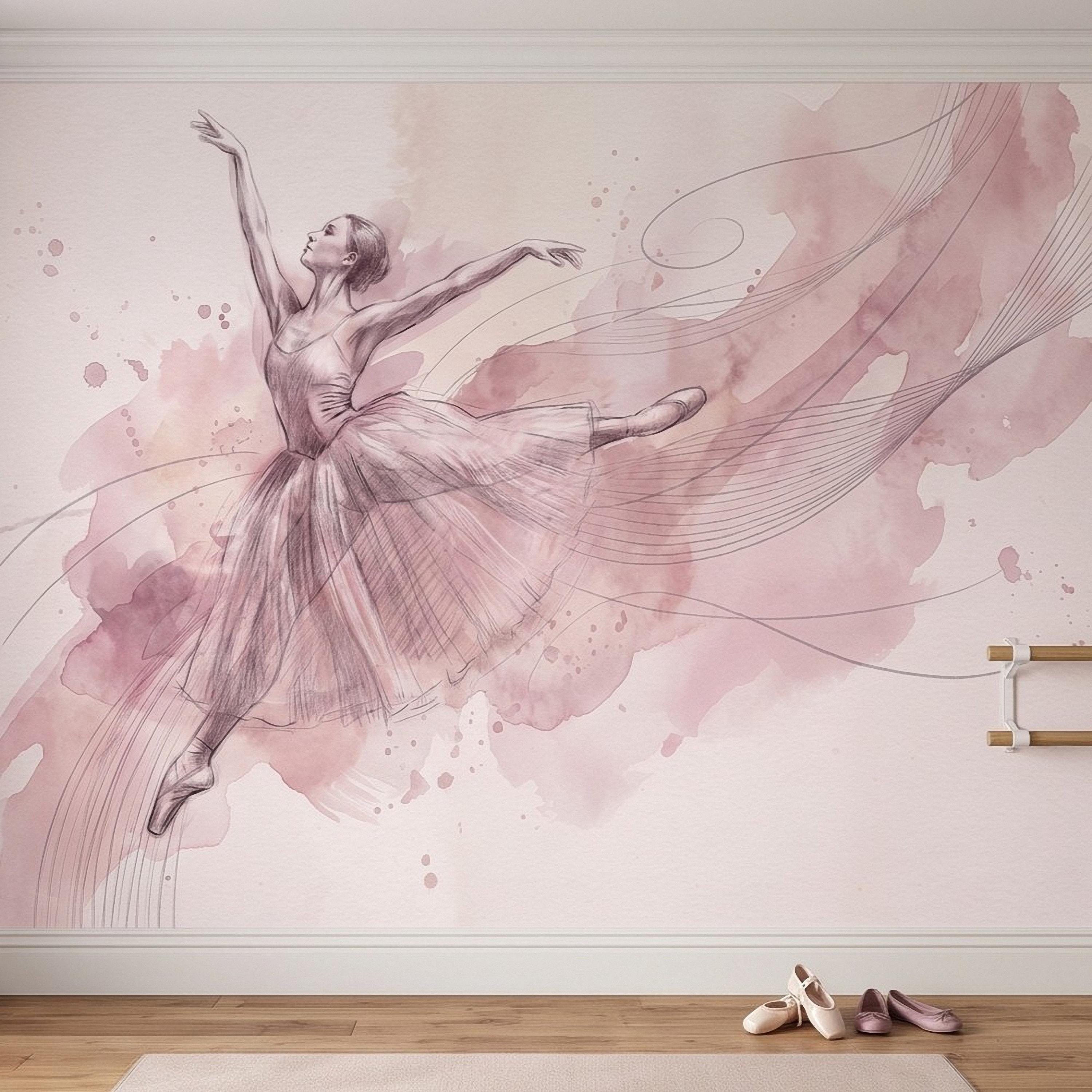 Pink Ballerina Peel and Stick Wall Mural, Watercolor Ballet Dancer Sketch Blush Dance Illustration Girls Bedroom Nursery Elegant Wallpaper