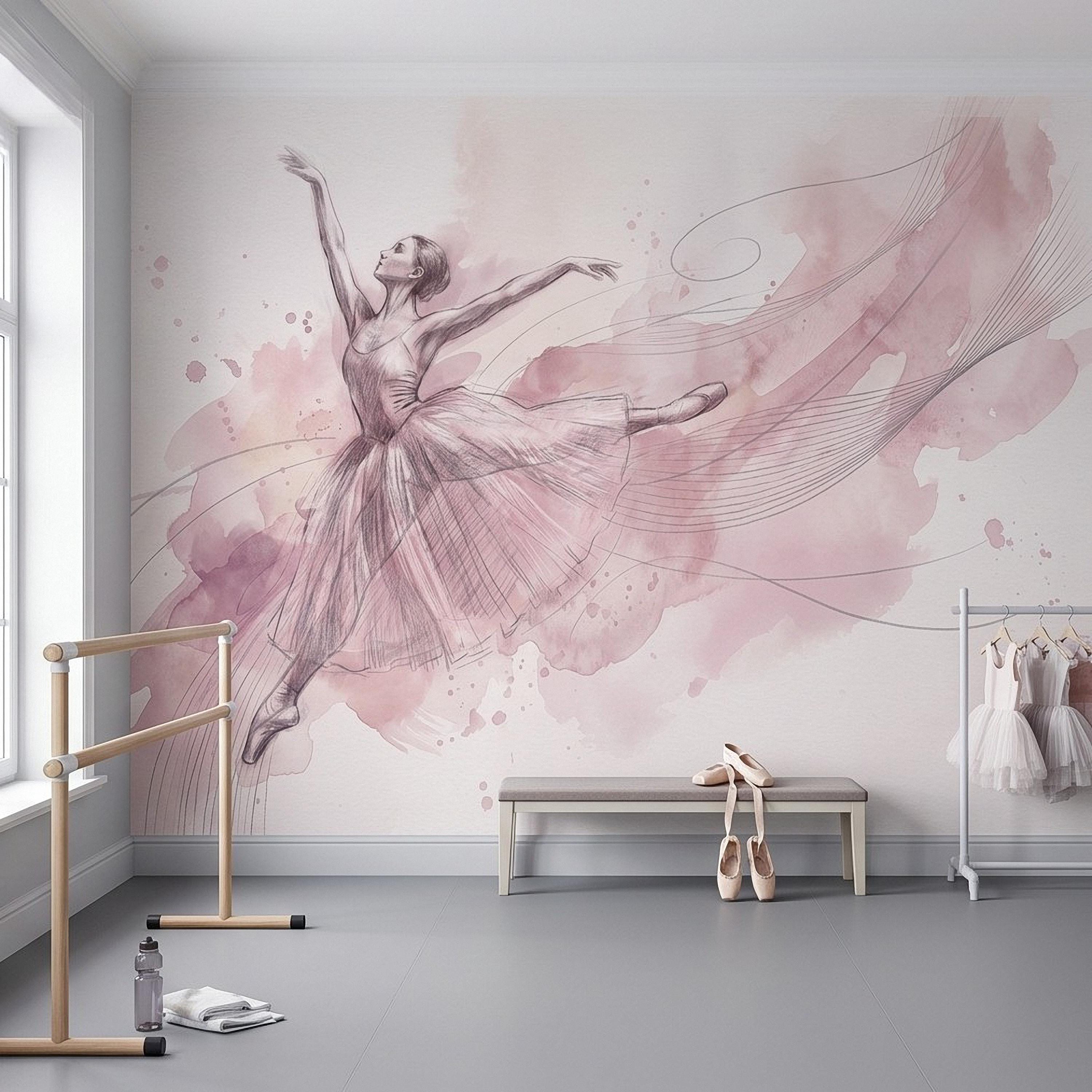 Pink Ballerina Peel and Stick Wall Mural, Watercolor Ballet Dancer Sketch Blush Dance Illustration Girls Bedroom Nursery Elegant Wallpaper