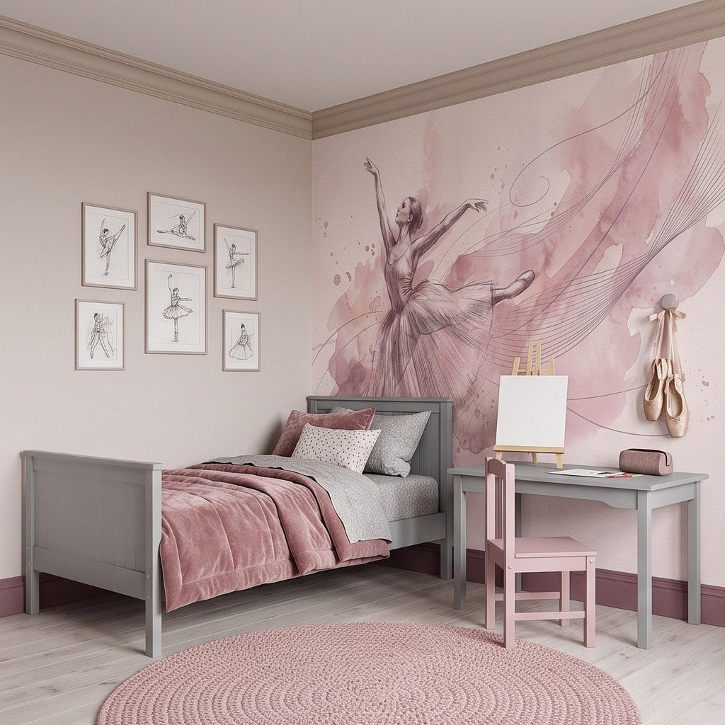 Pink Ballerina Peel and Stick Wall Mural, Watercolor Ballet Dancer Sketch Blush Dance Illustration Girls Bedroom Nursery Elegant Wallpaper