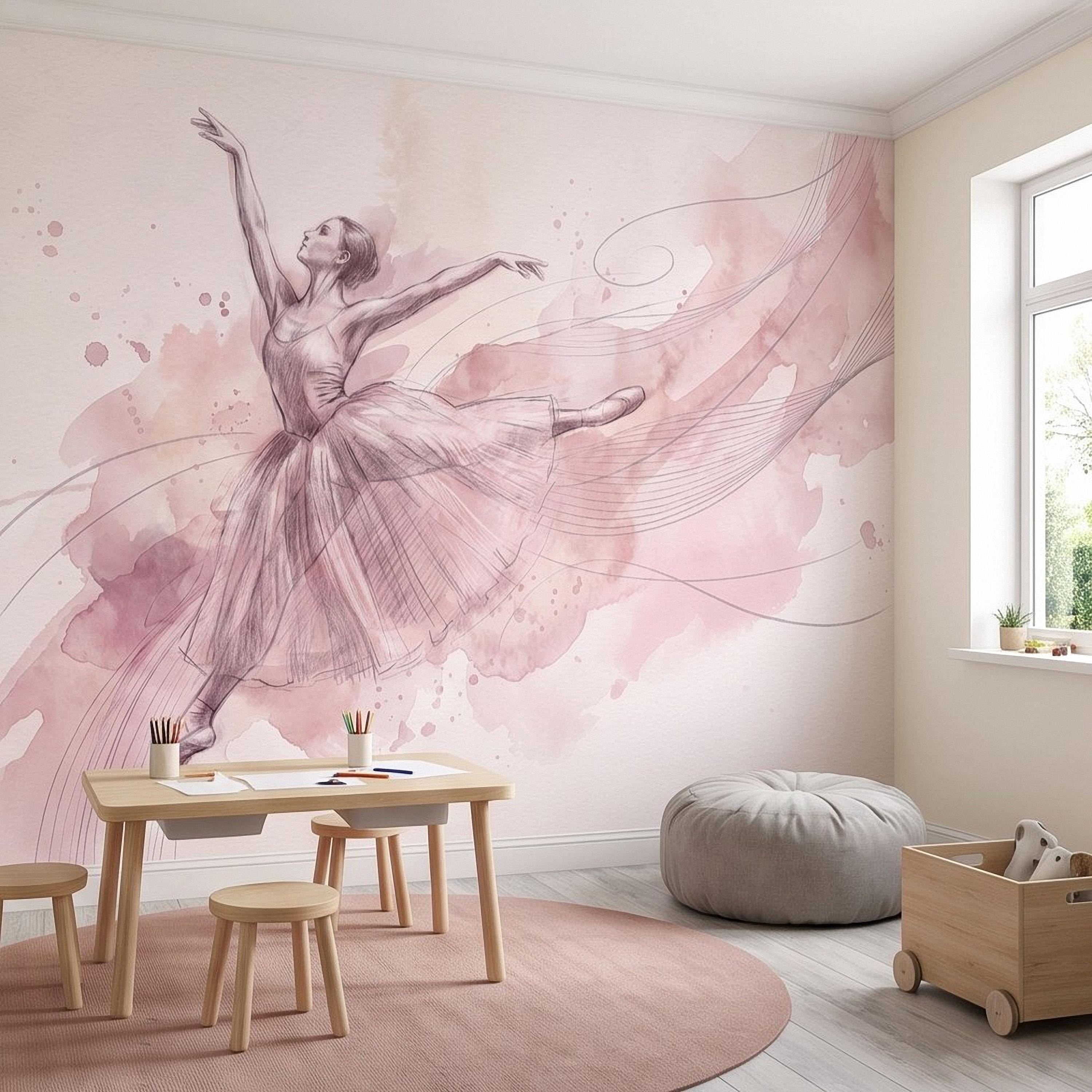 Pink Ballerina Peel and Stick Wall Mural, Watercolor Ballet Dancer Sketch Blush Dance Illustration Girls Bedroom Nursery Elegant Wallpaper