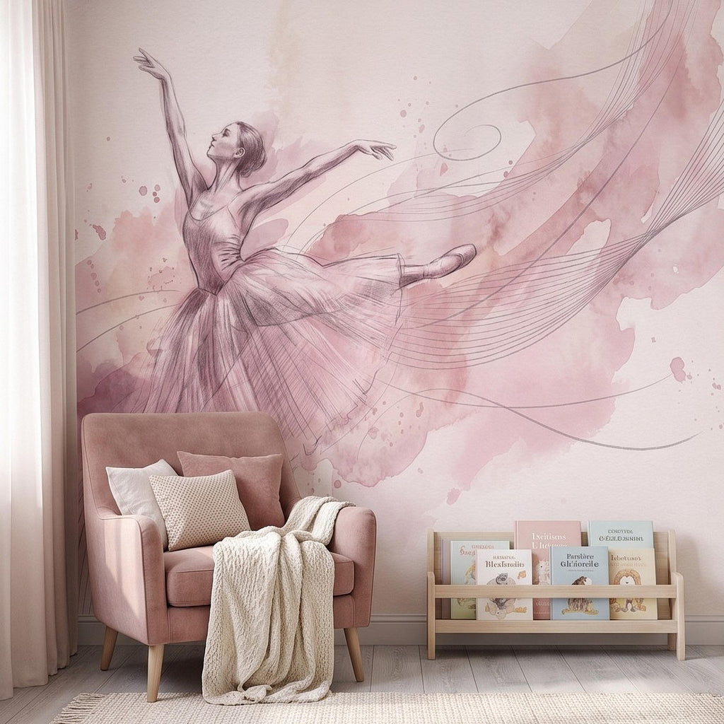 Pink Ballerina Peel and Stick Wall Mural, Watercolor Ballet Dancer Sketch Blush Dance Illustration Girls Bedroom Nursery Elegant Wallpaper