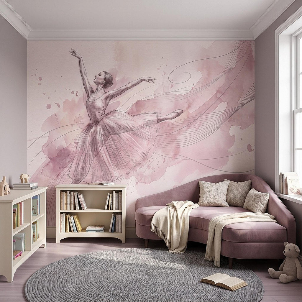 Pink Ballerina Peel and Stick Wall Mural, Watercolor Ballet Dancer Sketch Blush Dance Illustration Girls Bedroom Nursery Elegant Wallpaper