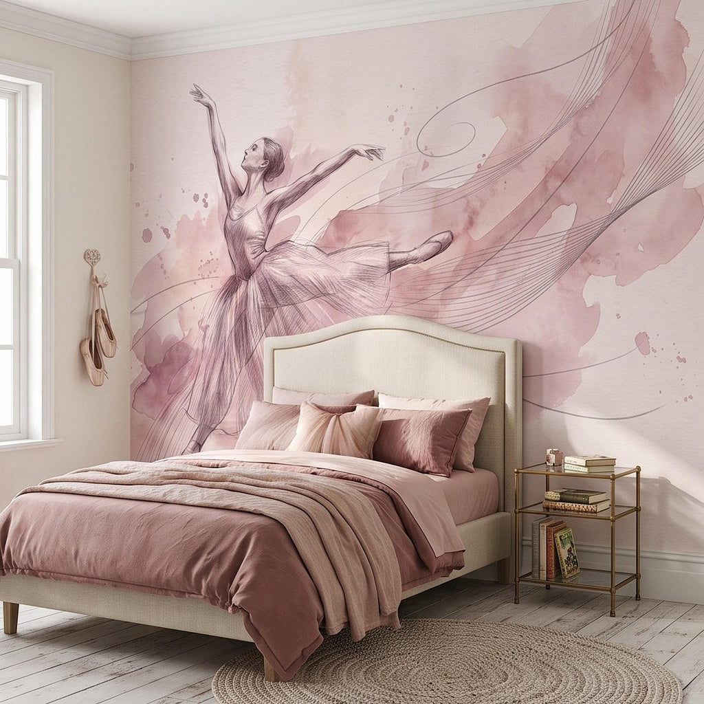 Pink Ballerina Peel and Stick Wall Mural, Watercolor Ballet Dancer Sketch Blush Dance Illustration Girls Bedroom Nursery Elegant Wallpaper