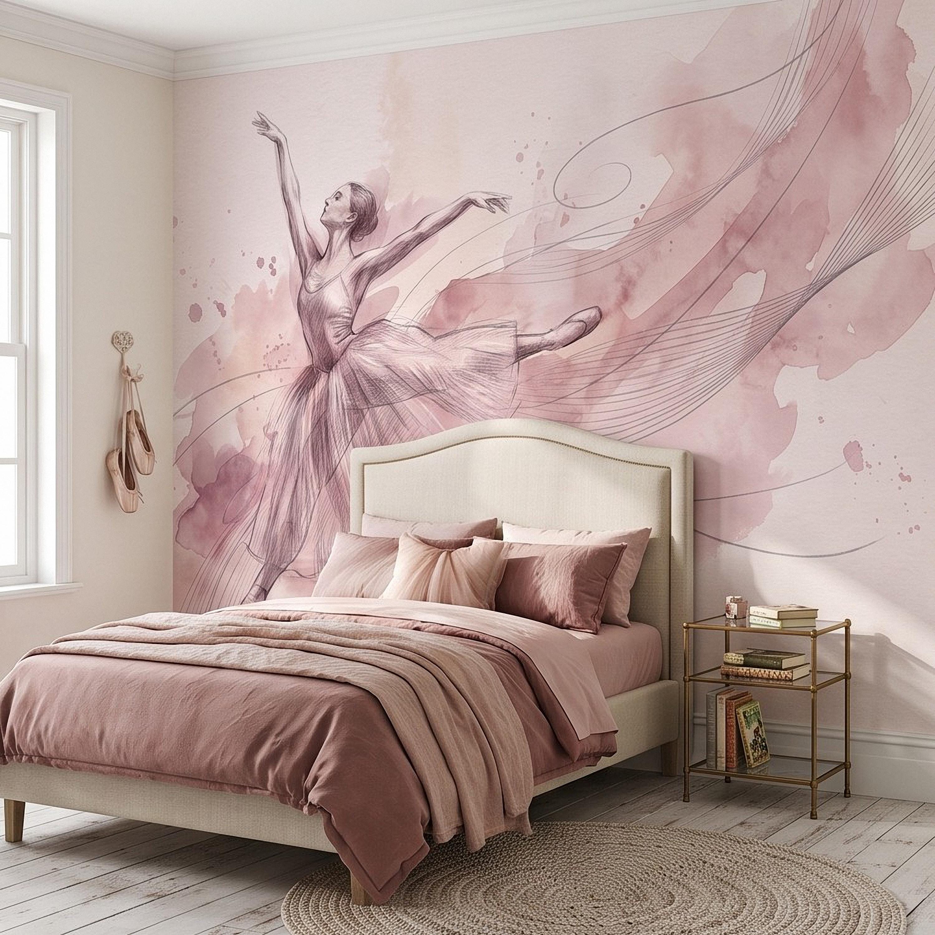 Pink Ballerina Peel and Stick Wall Mural, Watercolor Ballet Dancer Sketch Blush Dance Illustration Girls Bedroom Nursery Elegant Wallpaper