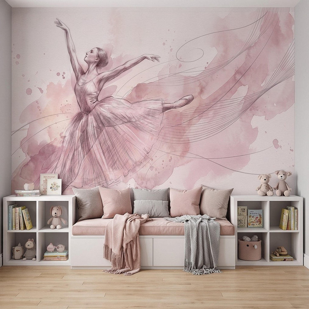 Pink Ballerina Peel and Stick Wall Mural, Watercolor Ballet Dancer Sketch Blush Dance Illustration Girls Bedroom Nursery Elegant Wallpaper